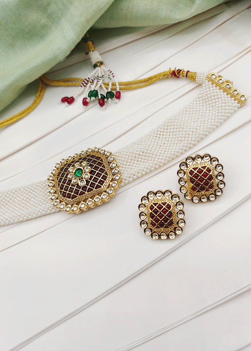 Mint Green Kundan Pearl Choker Necklace Set