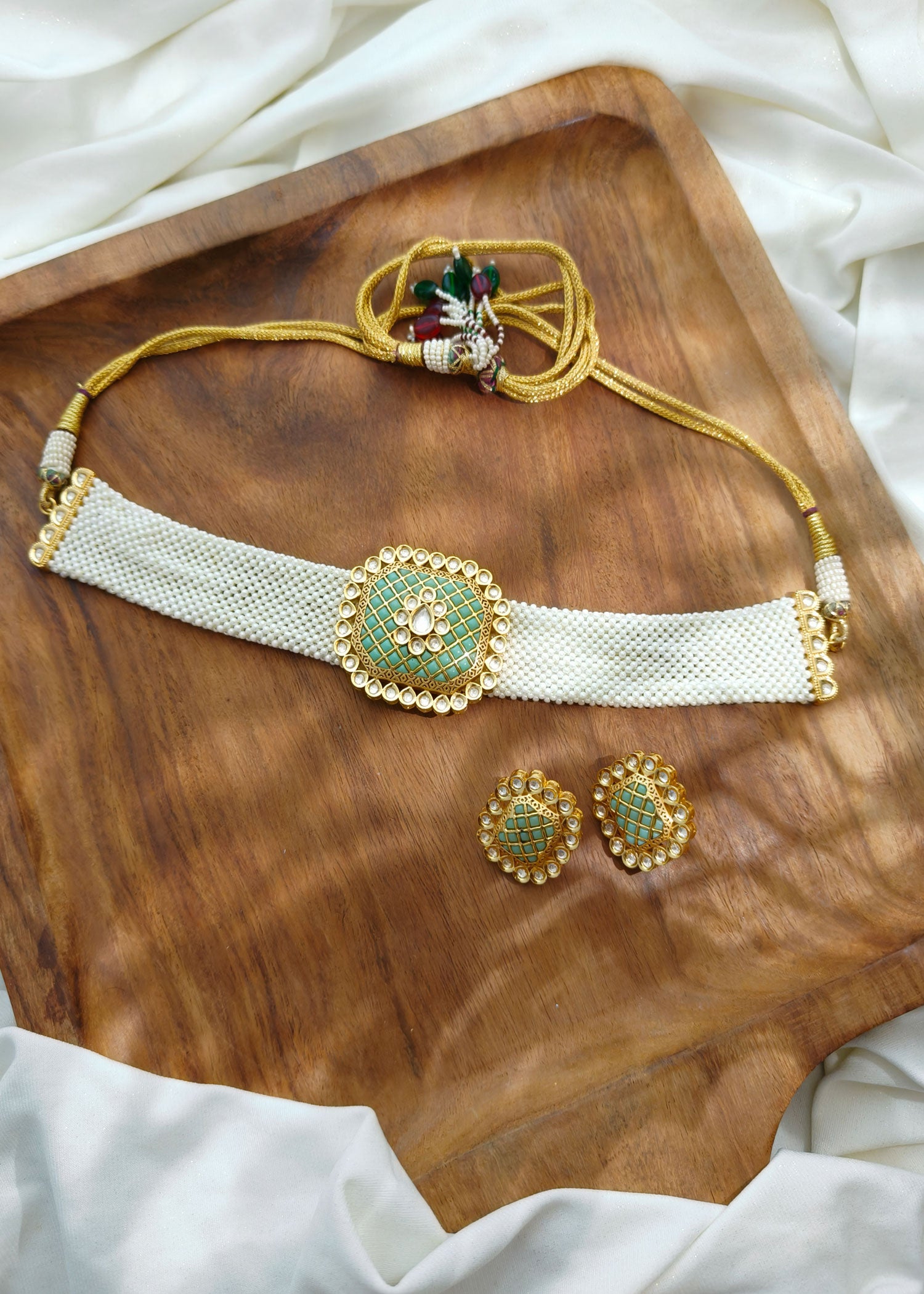 Mint Green Kundan Pearl Choker Necklace Set