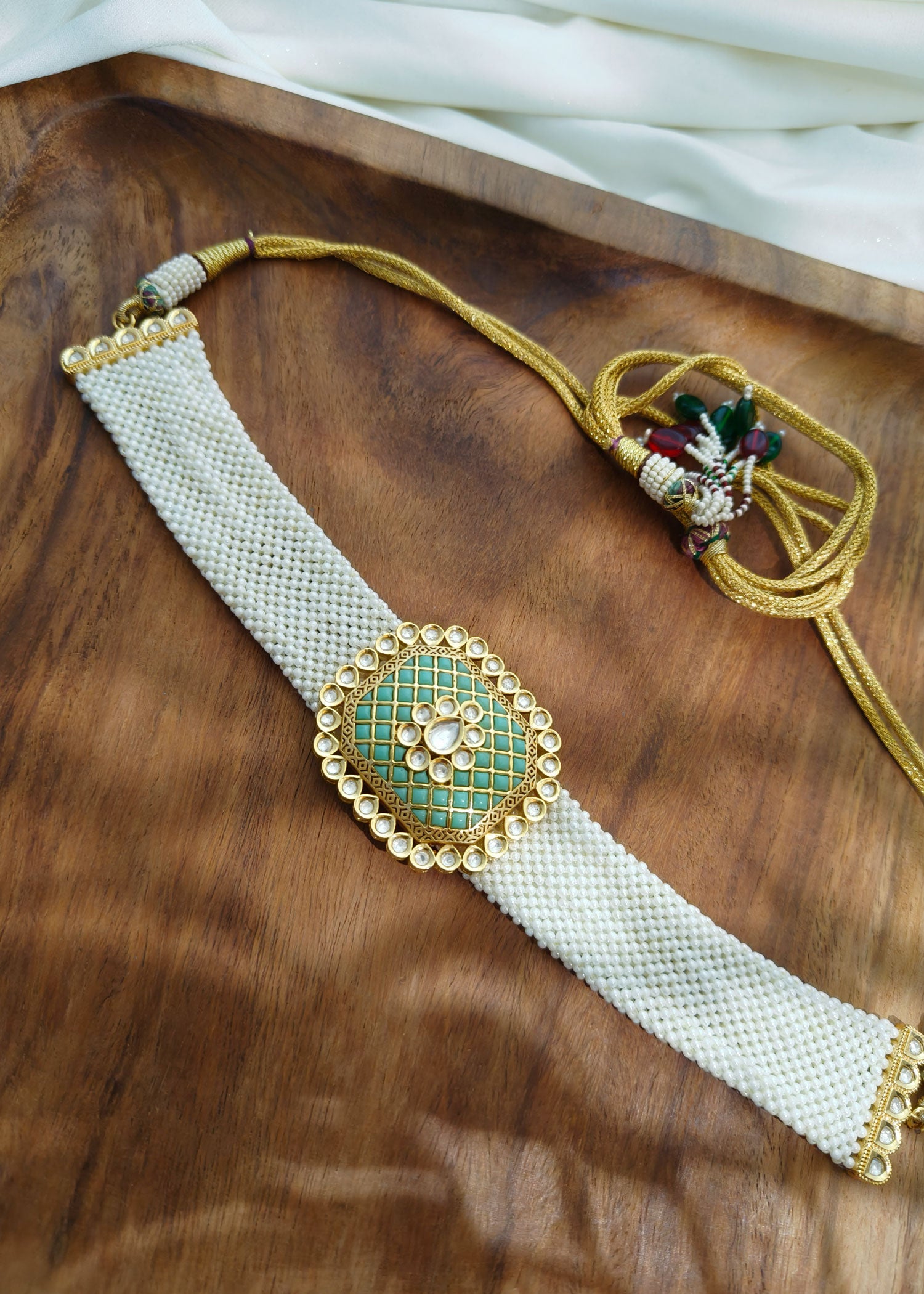 Mint Green Kundan Pearl Choker Necklace Set