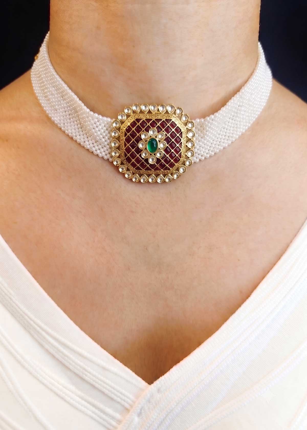 Mint Green Kundan Pearl Choker Necklace Set