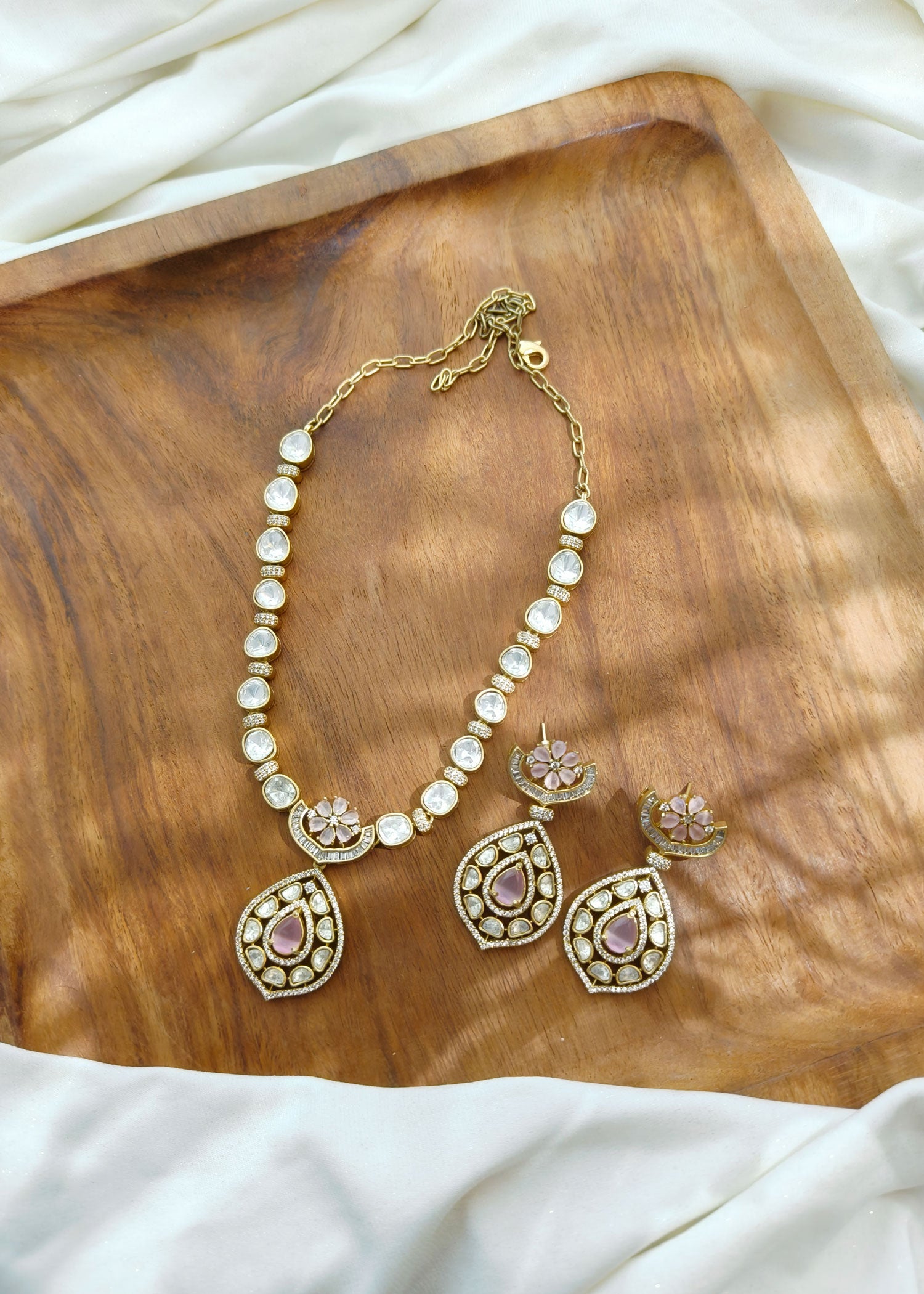 Light Pink Stone Kundan & Zircon Necklace Set