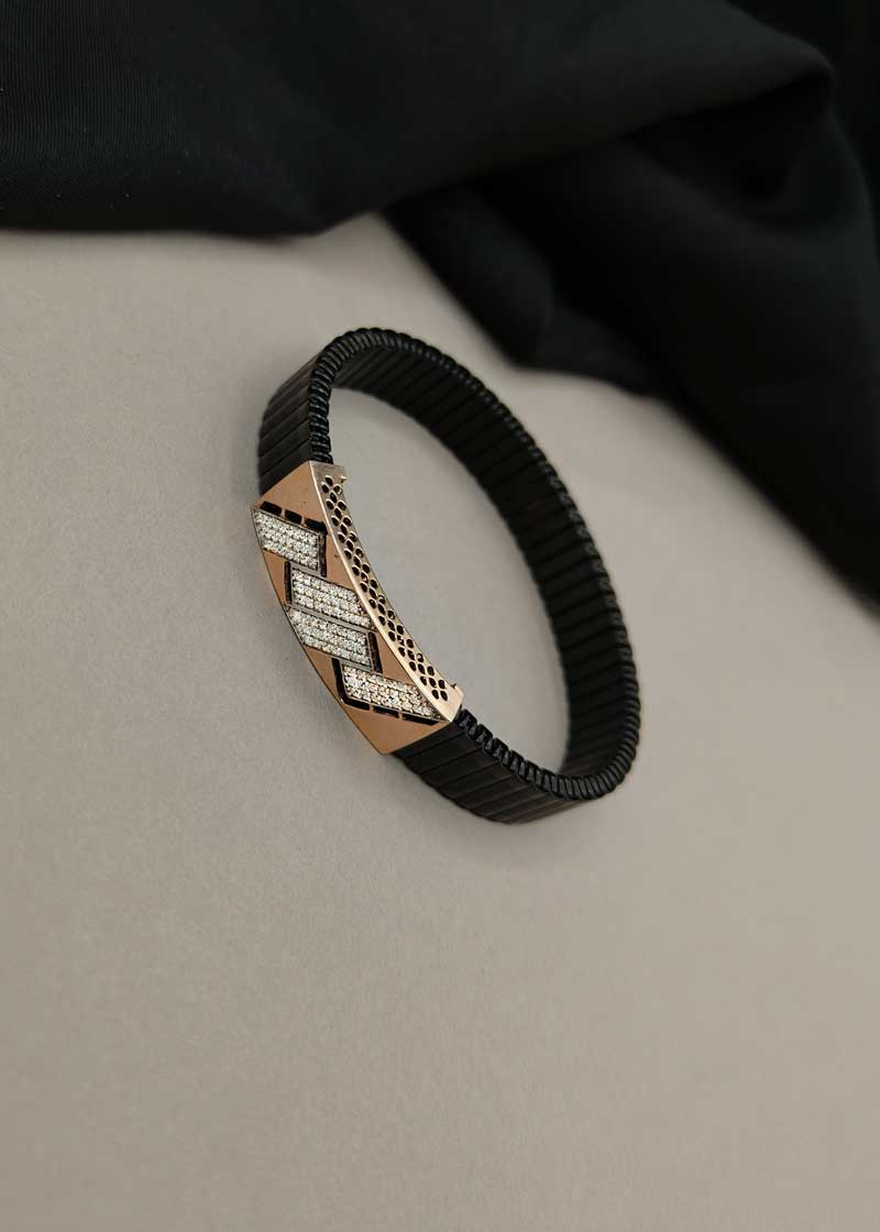 92.5 Sterling Silver Geometric Cubic Zircon Rose Gold Plated Men's Flexible Bracelet