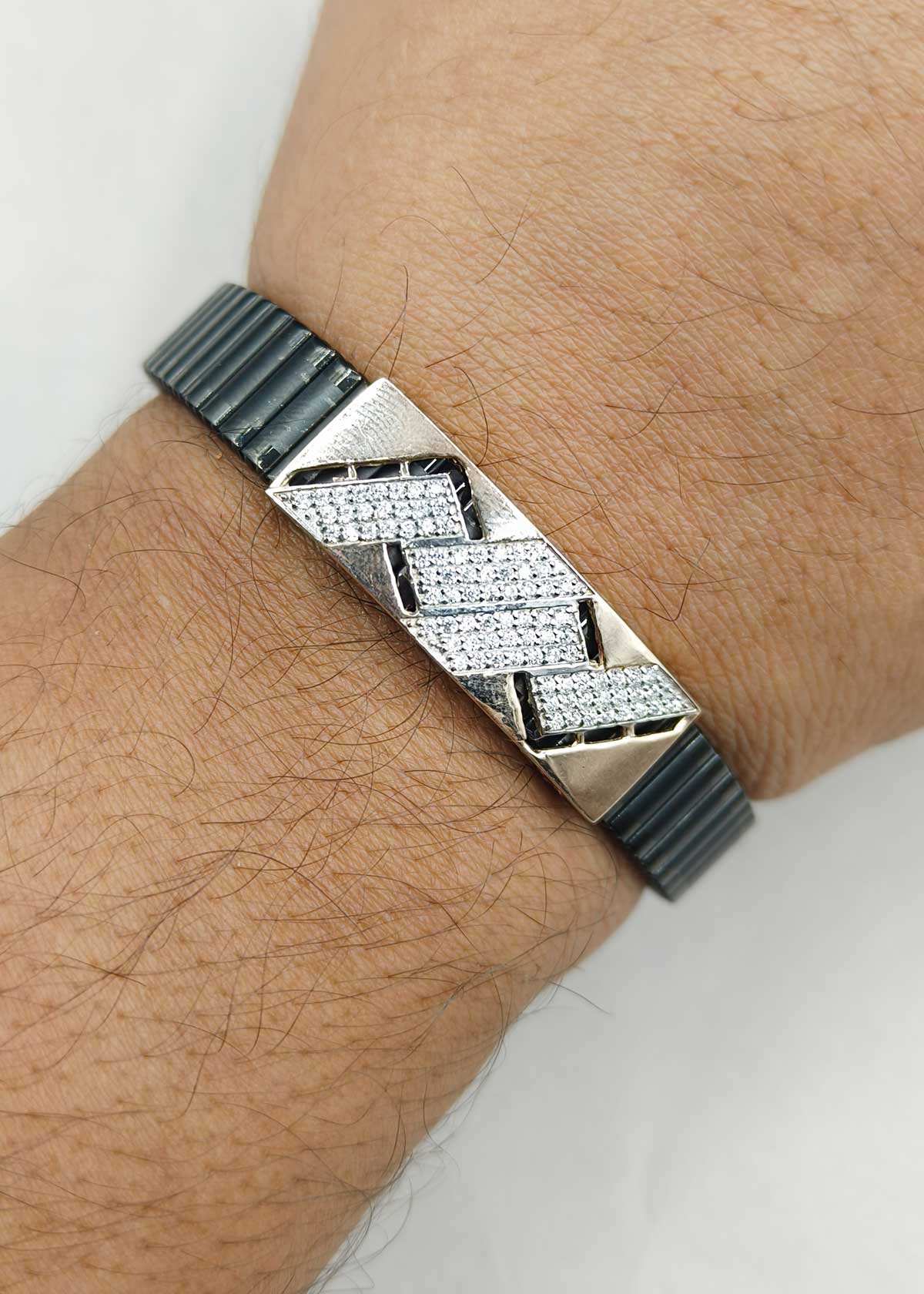 92.5 Sterling Silver Geometric Cubic Zircon Rose Gold Plated Men's Flexible Bracelet