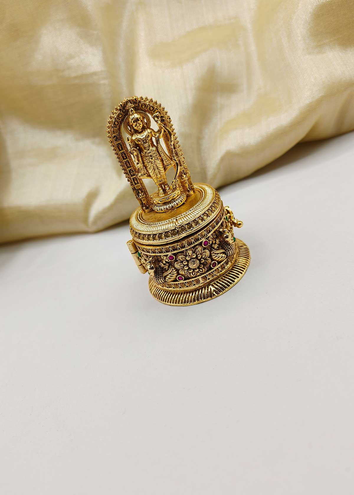 Majestic Temple Style Divine Lord Ram Antique Gold Kumkum Box/ Sindoor Box