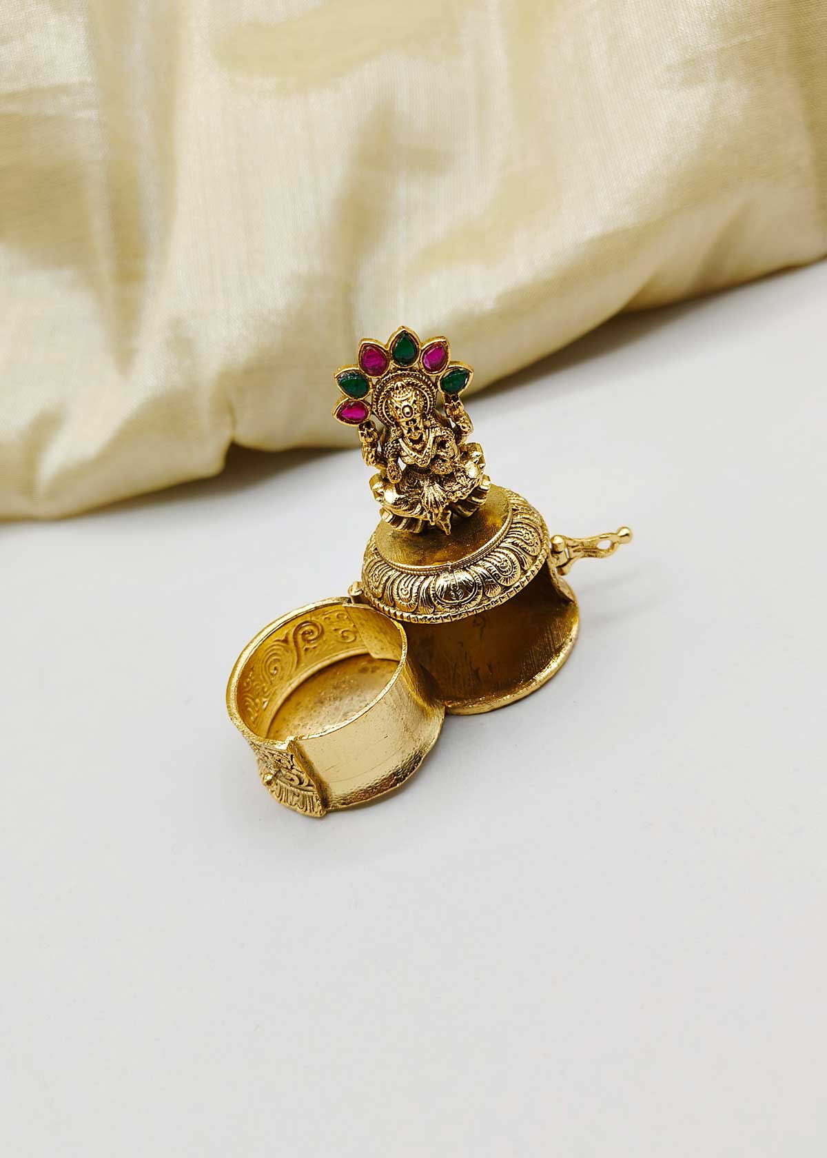 Heritage Antique Gold Plated Goddess Lakshmi Kumkum Box/ Sindoor Box