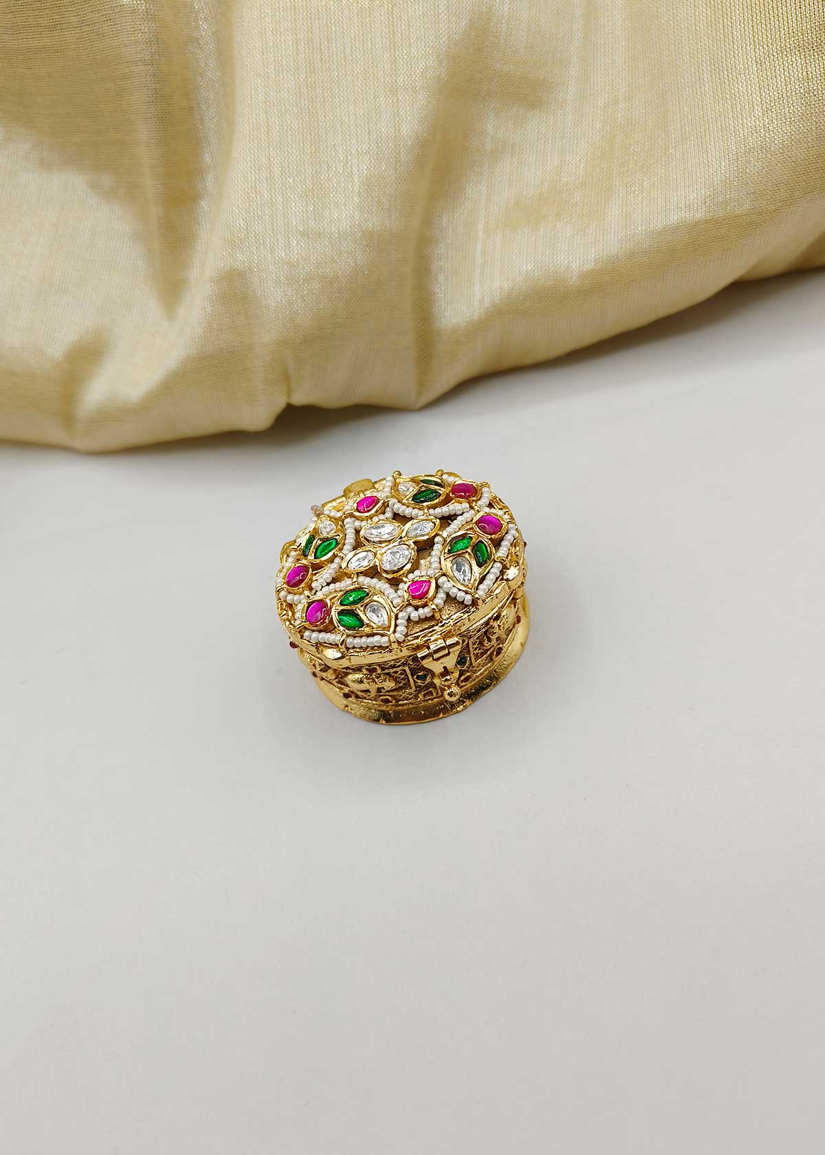 Floral Antique Gold Plated Kundan And Pearl Kumkum Box/ Sindoor Box