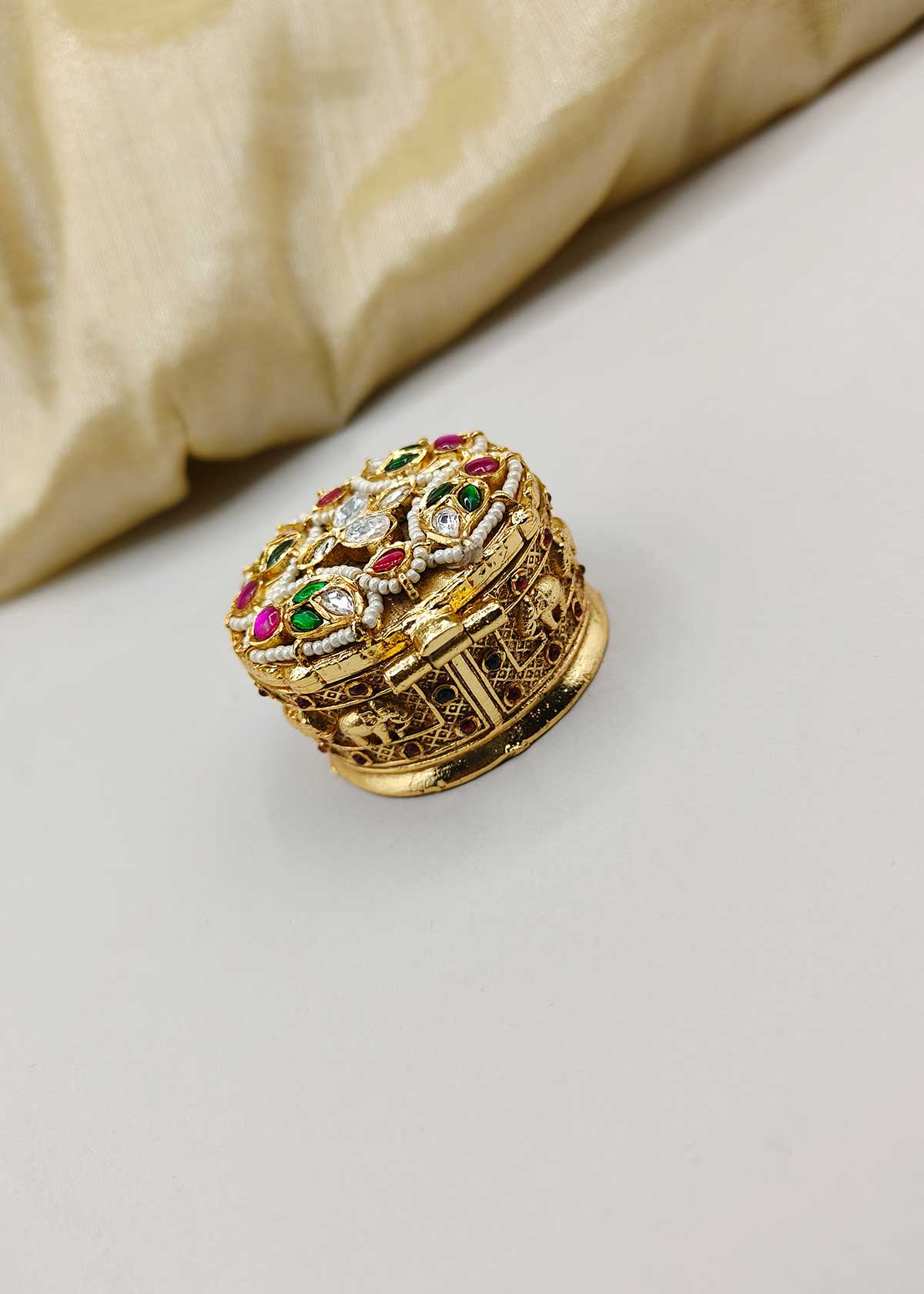 Floral Antique Gold Plated Kundan And Pearl Kumkum Box/ Sindoor Box