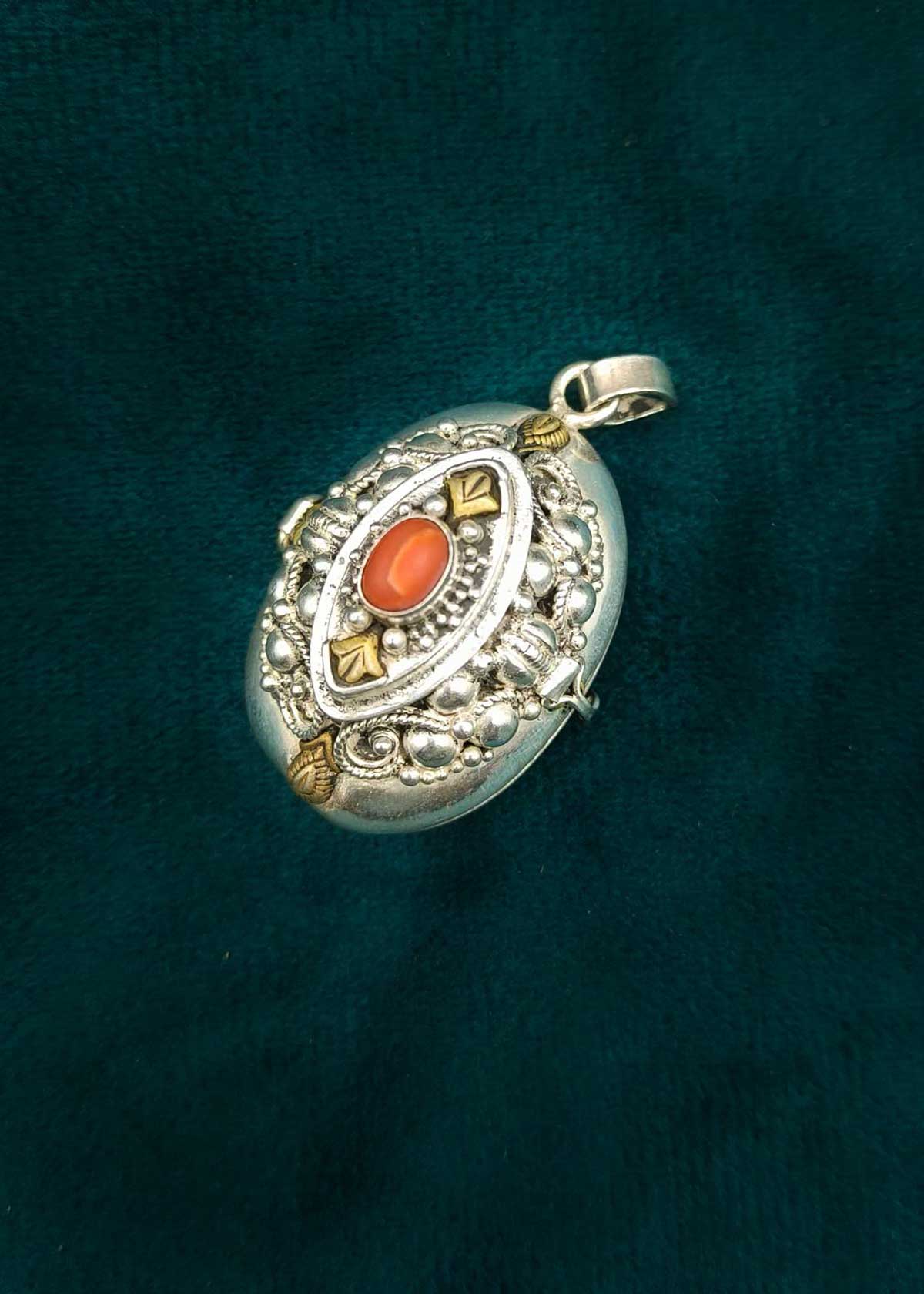 92.5 Sterling Silver Pendant Style Sindoor Dibbi With Red Coral Stone & Gold Accents