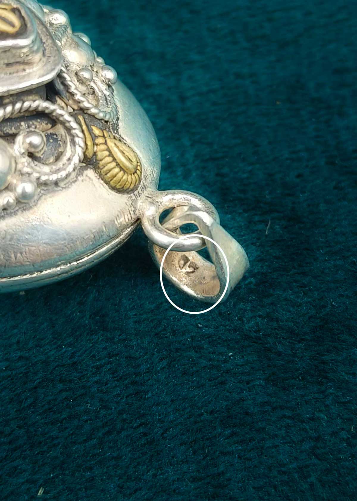 92.5 Sterling Silver Pendant Style Sindoor Dibbi With Red Coral Stone & Gold Accents