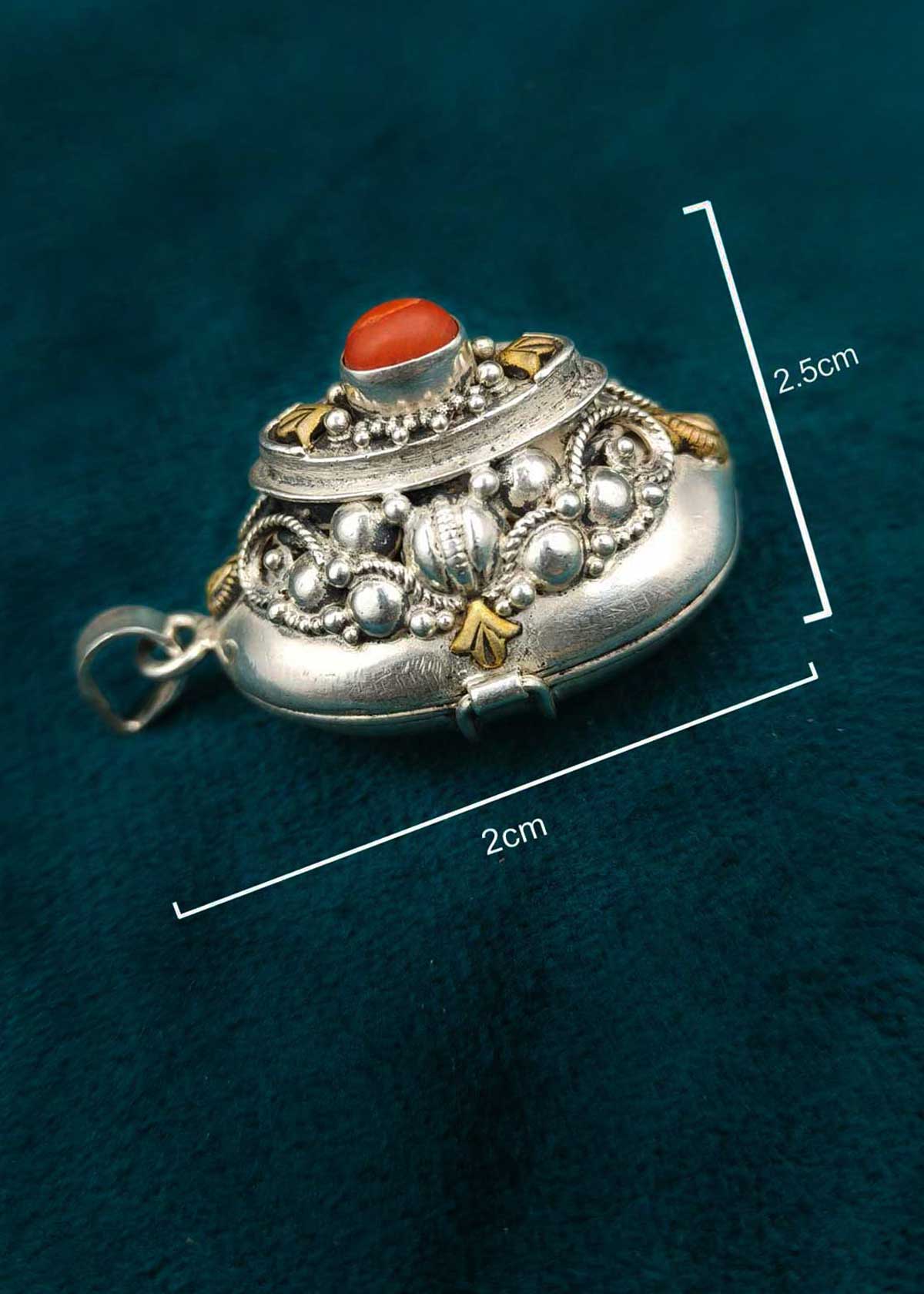 92.5 Sterling Silver Pendant Style Sindoor Dibbi With Red Coral Stone & Gold Accents