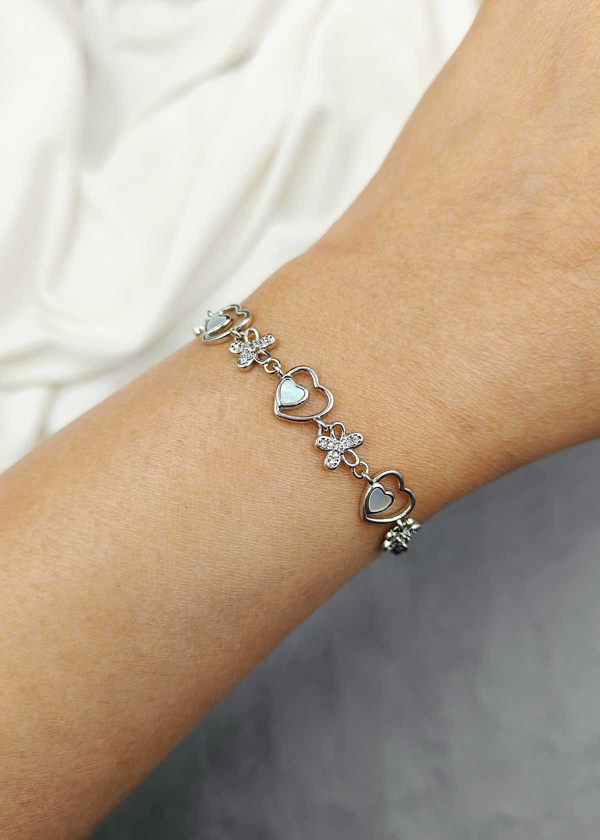 92.5 Sterling Silver Mother Of Pearl Cubic Zircon Heart And Flower Link Loose Bracelet