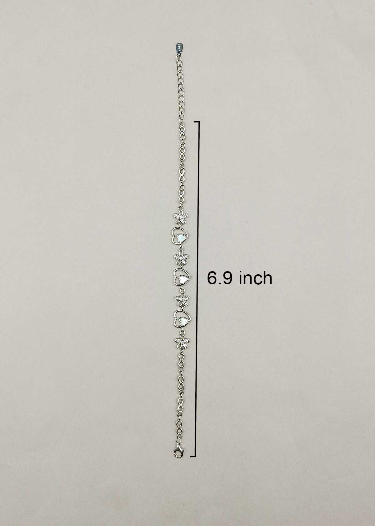 92.5 Sterling Silver Mother Of Pearl Cubic Zircon Heart And Flower Link Loose Bracelet