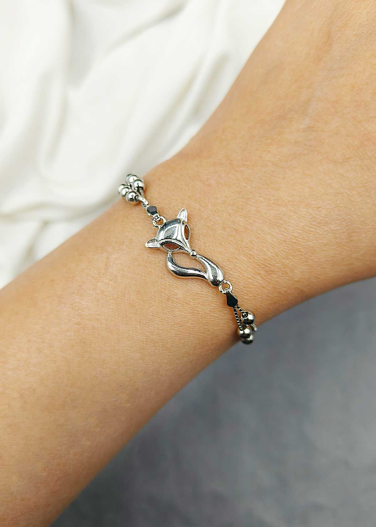 92.5 Sterling Silver Fox Motif Adjustable Loose Bracelet For Women