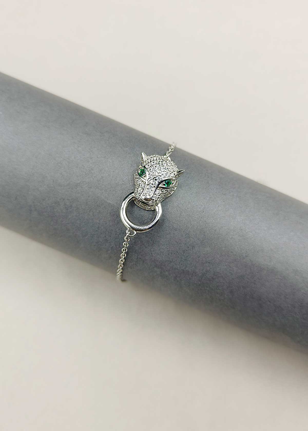 92.5 Sterling Silver Cubic Zircon Panther Face Adjustable Loose Bracelet