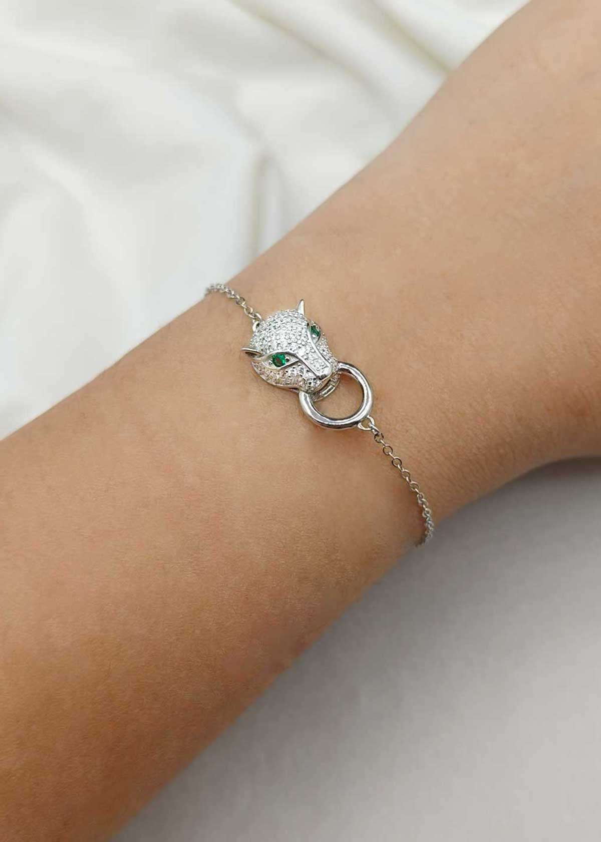 92.5 Sterling Silver Cubic Zircon Panther Face Adjustable Loose Bracelet