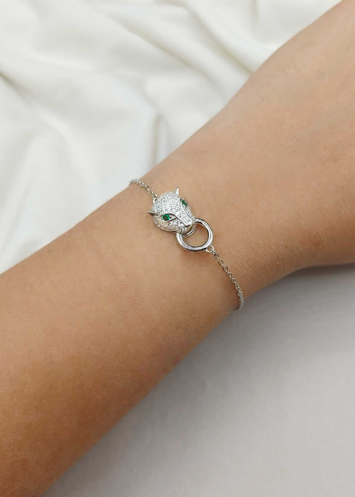 92.5 Sterling Silver Cubic Zircon Panther Face Adjustable Loose Bracelet