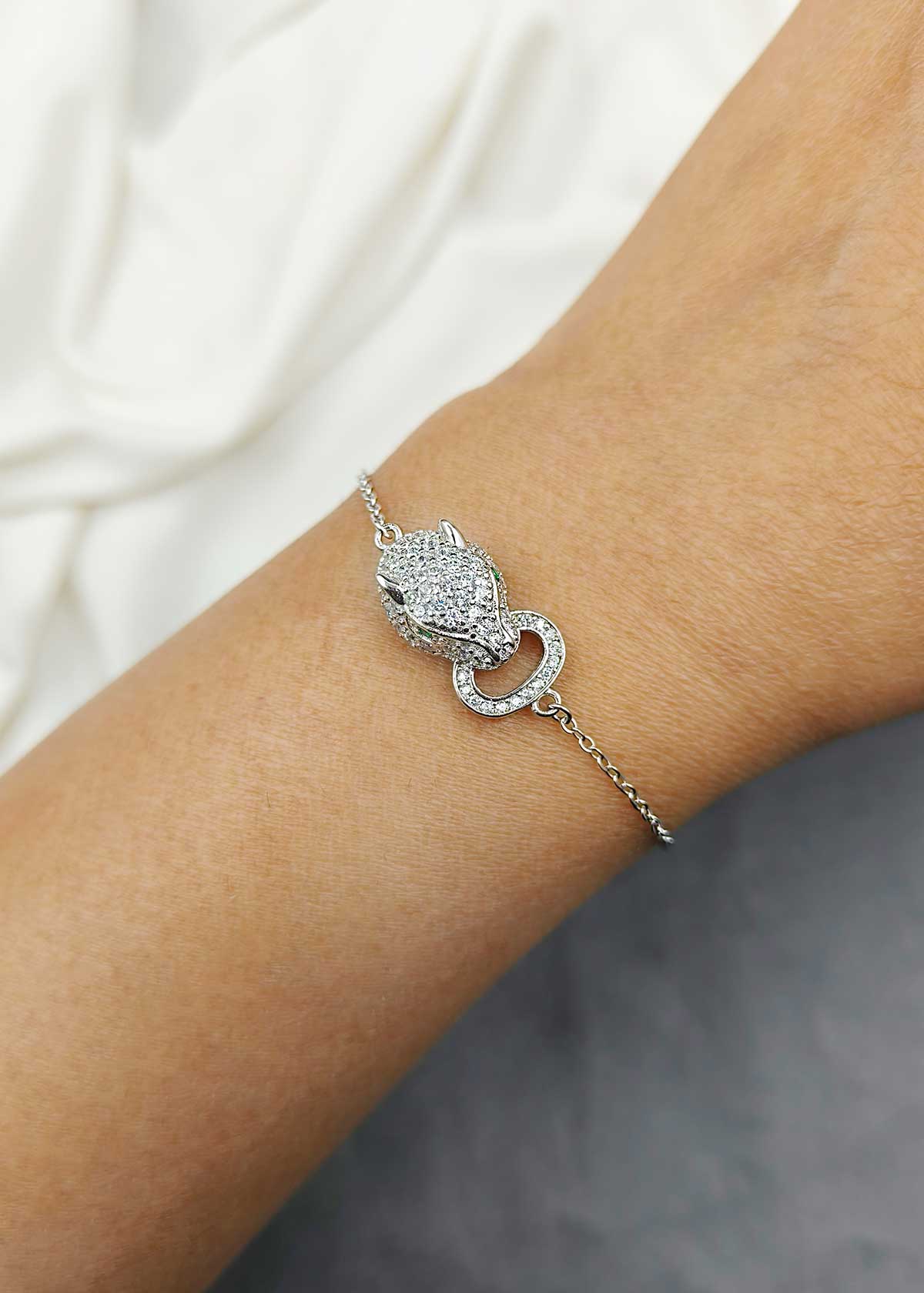 92.5 Sterling Silver Panther Head Motif Cubic Zircon Adjustable Loose Bracelet