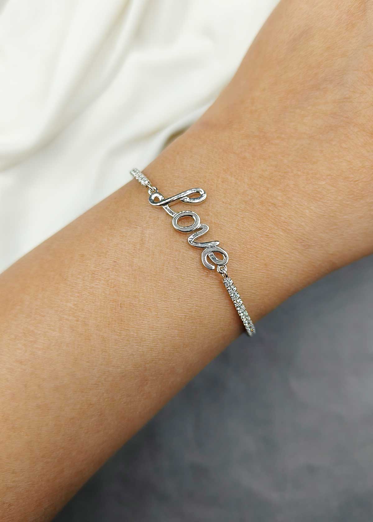 92.5 Sterling Silver Love Motif Cubic Zircon Loose Bracelet For Women