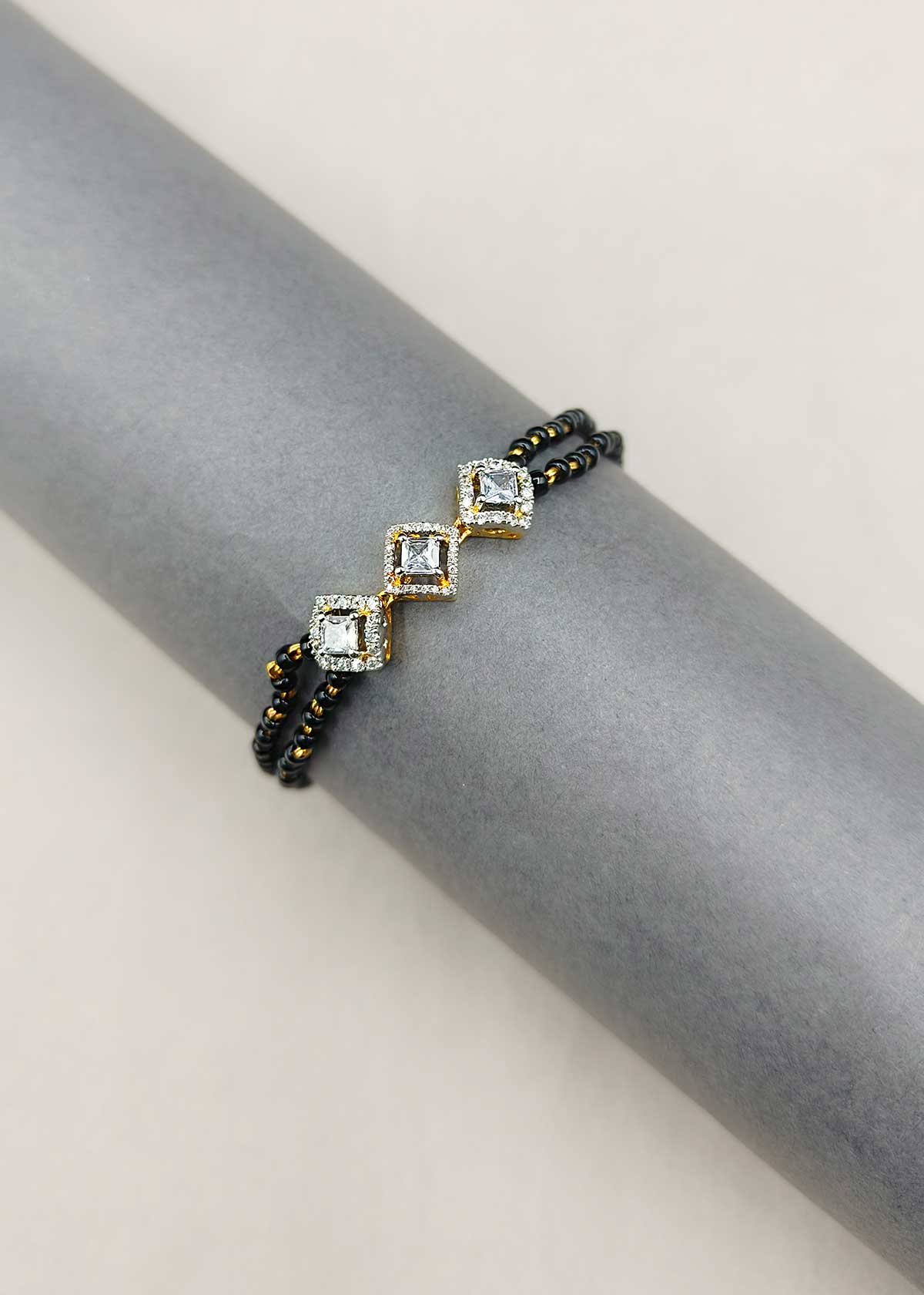 92.5 Sterling Silver Dual Tone Square Trio Design Cubic Zircon Mangalsutra Loose Bracelet