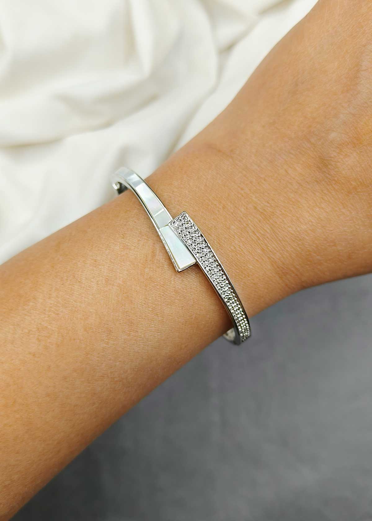 Modern Geometric Mother Of Pearl And Cubic Zircon Crossover Openable Kada Bracelet