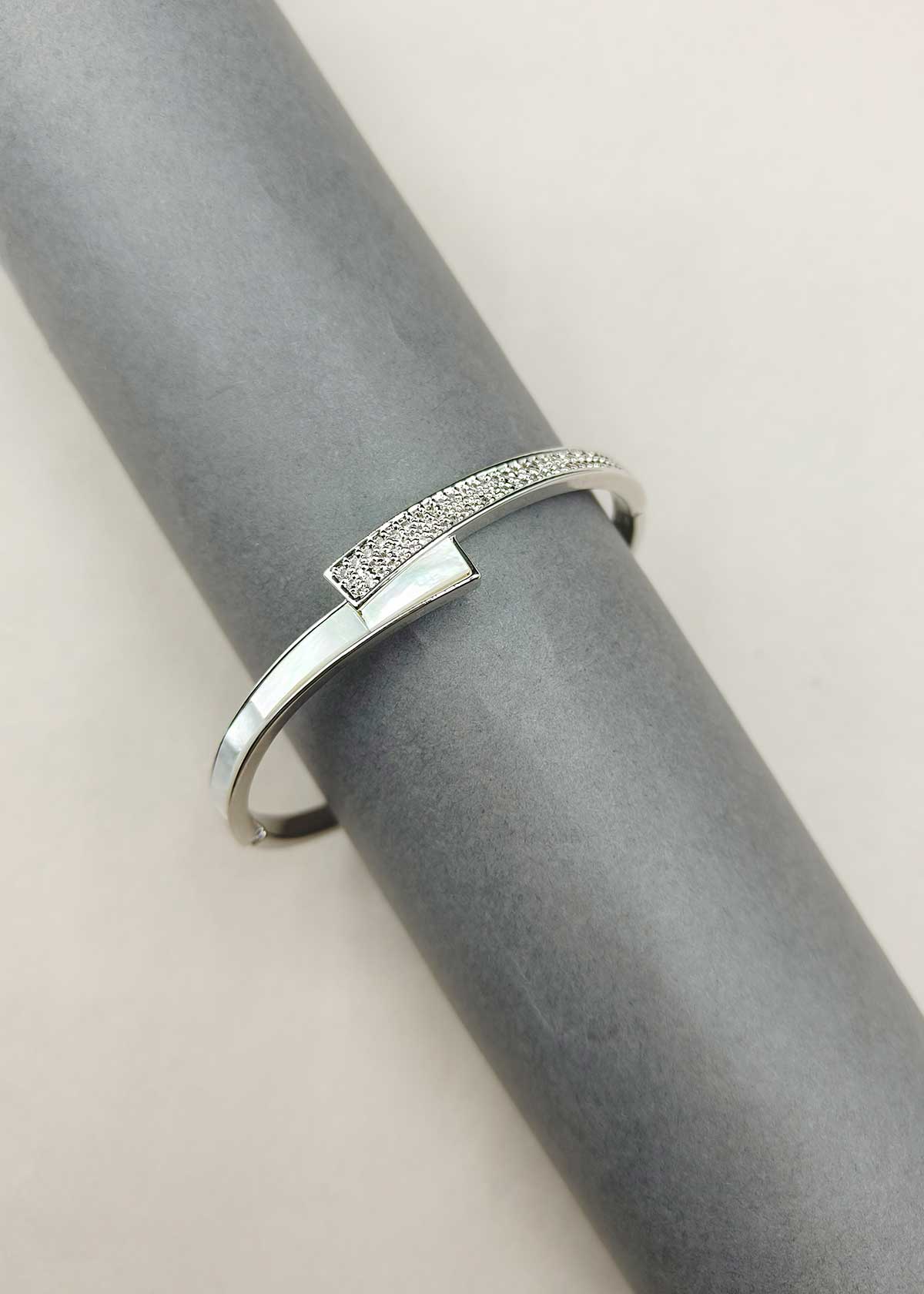 Modern Geometric Mother Of Pearl And Cubic Zircon Crossover Openable Kada Bracelet