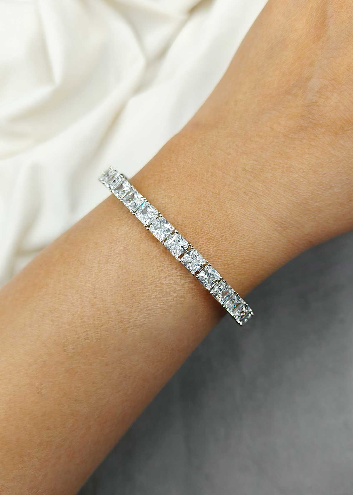 Timeless Square Cut Cubic Zircon Silver Plated Openable Kada Bracelet