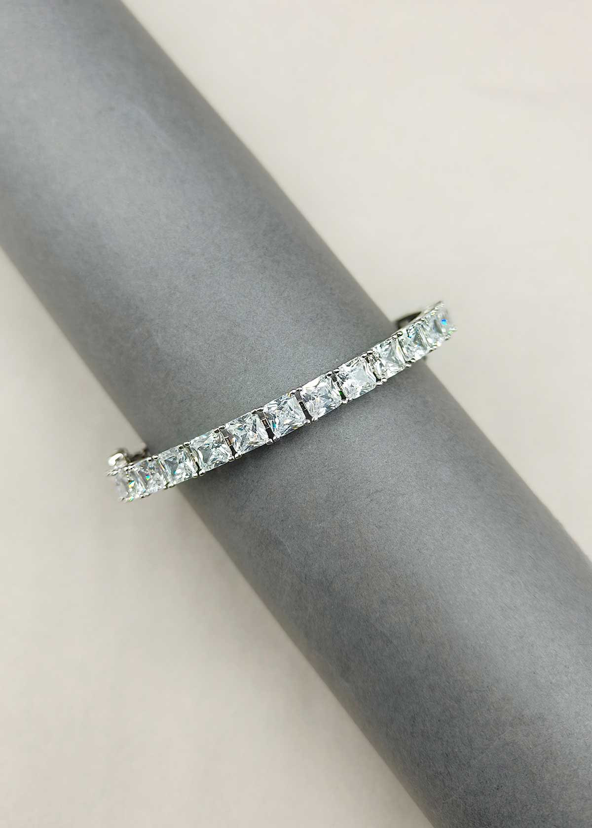 Timeless Square Cut Cubic Zircon Silver Plated Openable Kada Bracelet