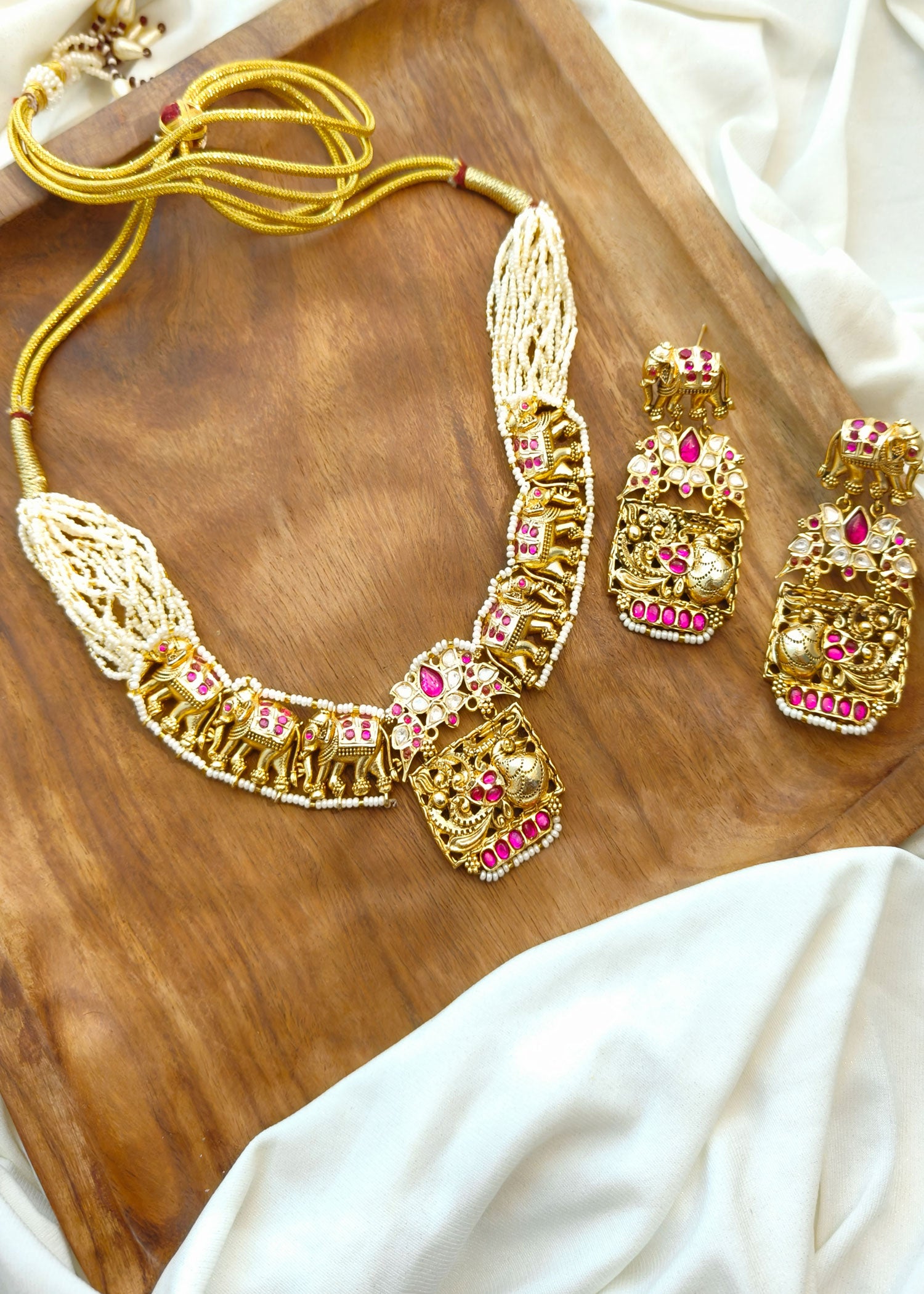 Peacock And Elephant Pearl Beaded Kundan Short Pink Necklace Set