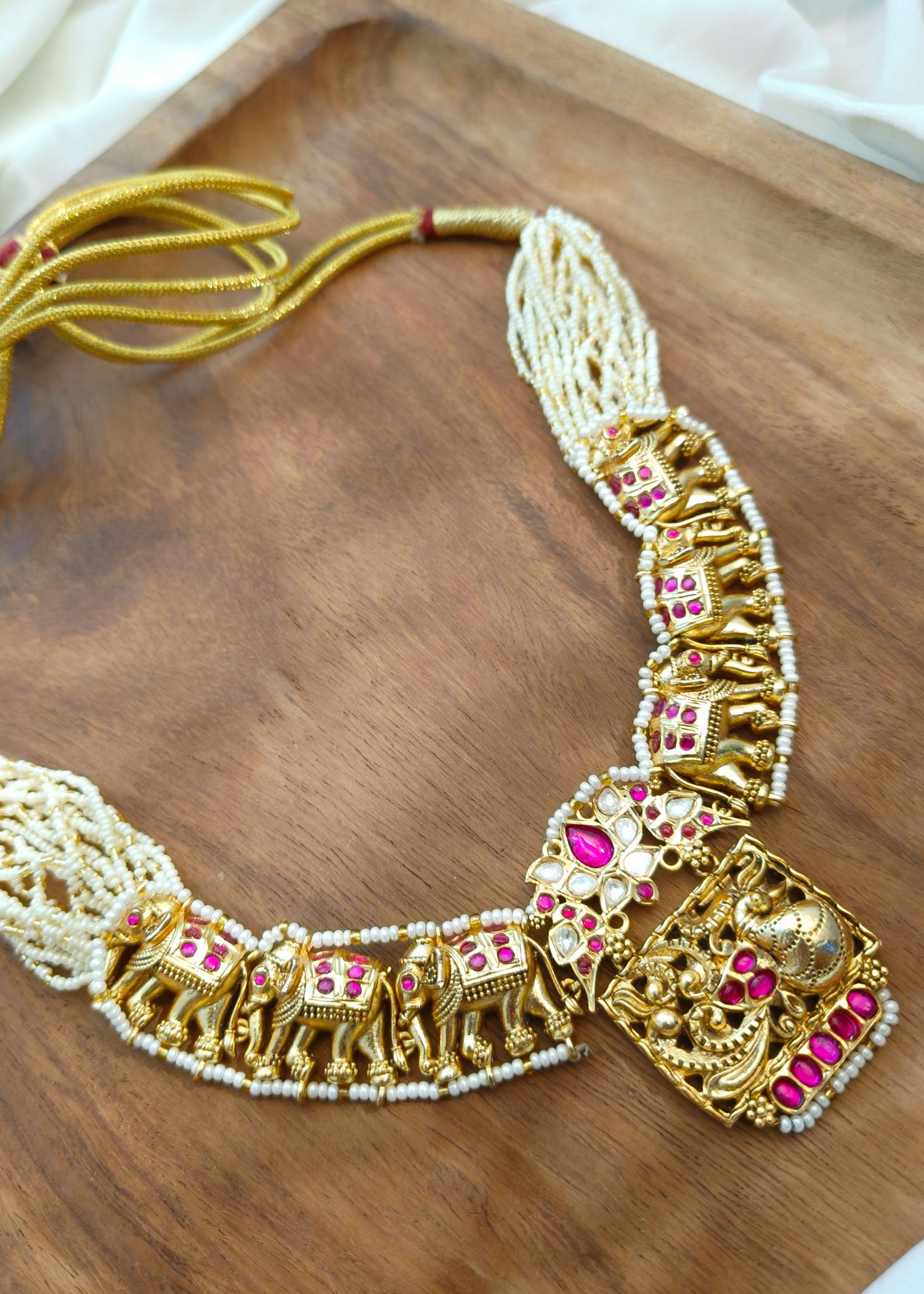 Peacock And Elephant Pearl Beaded Kundan Short Pink Necklace Set