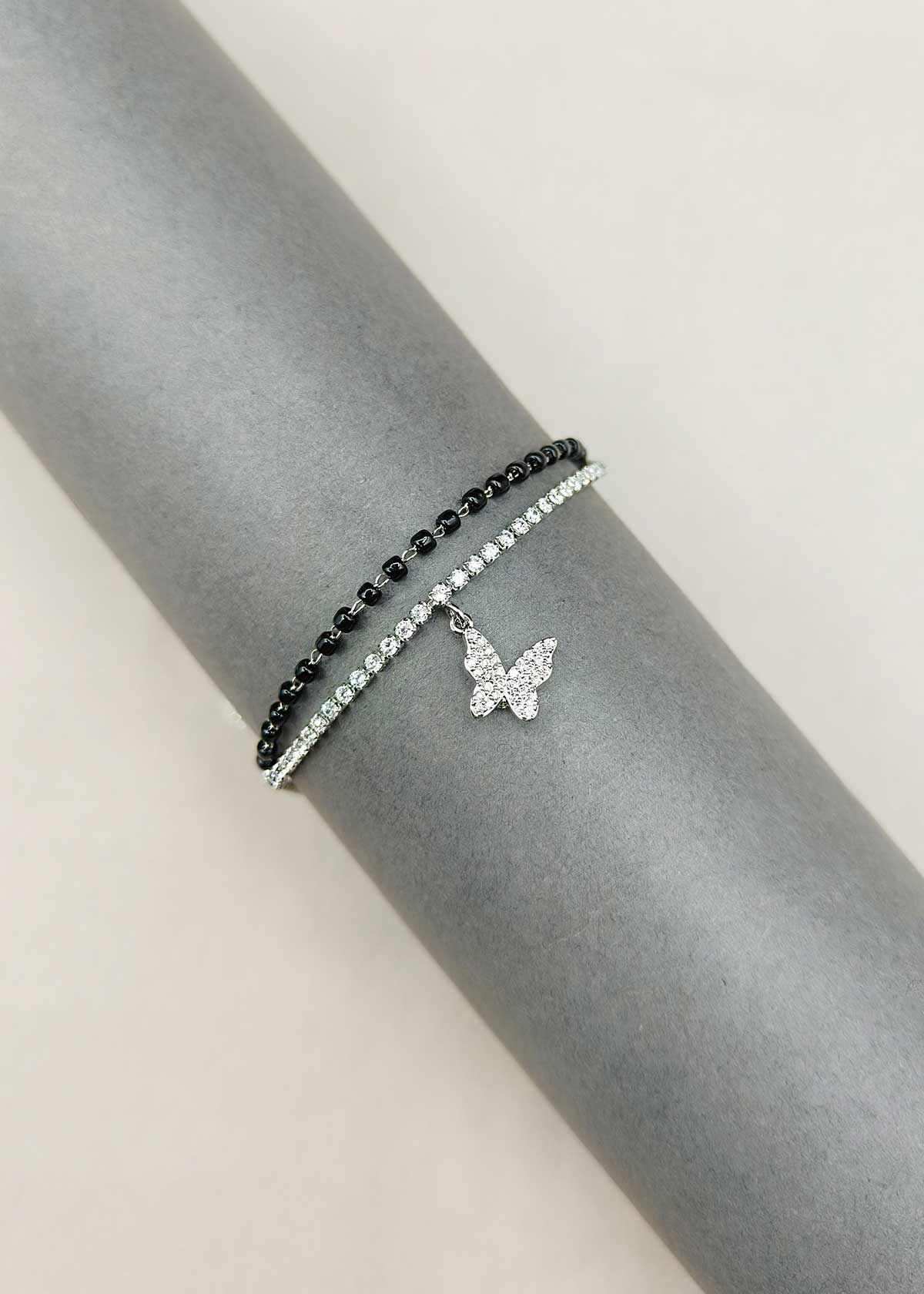 Silver Plated Double Layer Butterfly Charm Cubic Zircon Mangalsutra Loose Bracelet