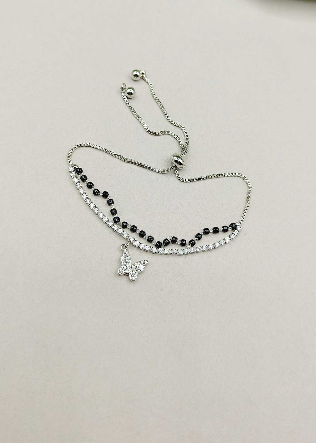 Silver Plated Double Layer Butterfly Charm Cubic Zircon Mangalsutra Loose Bracelet