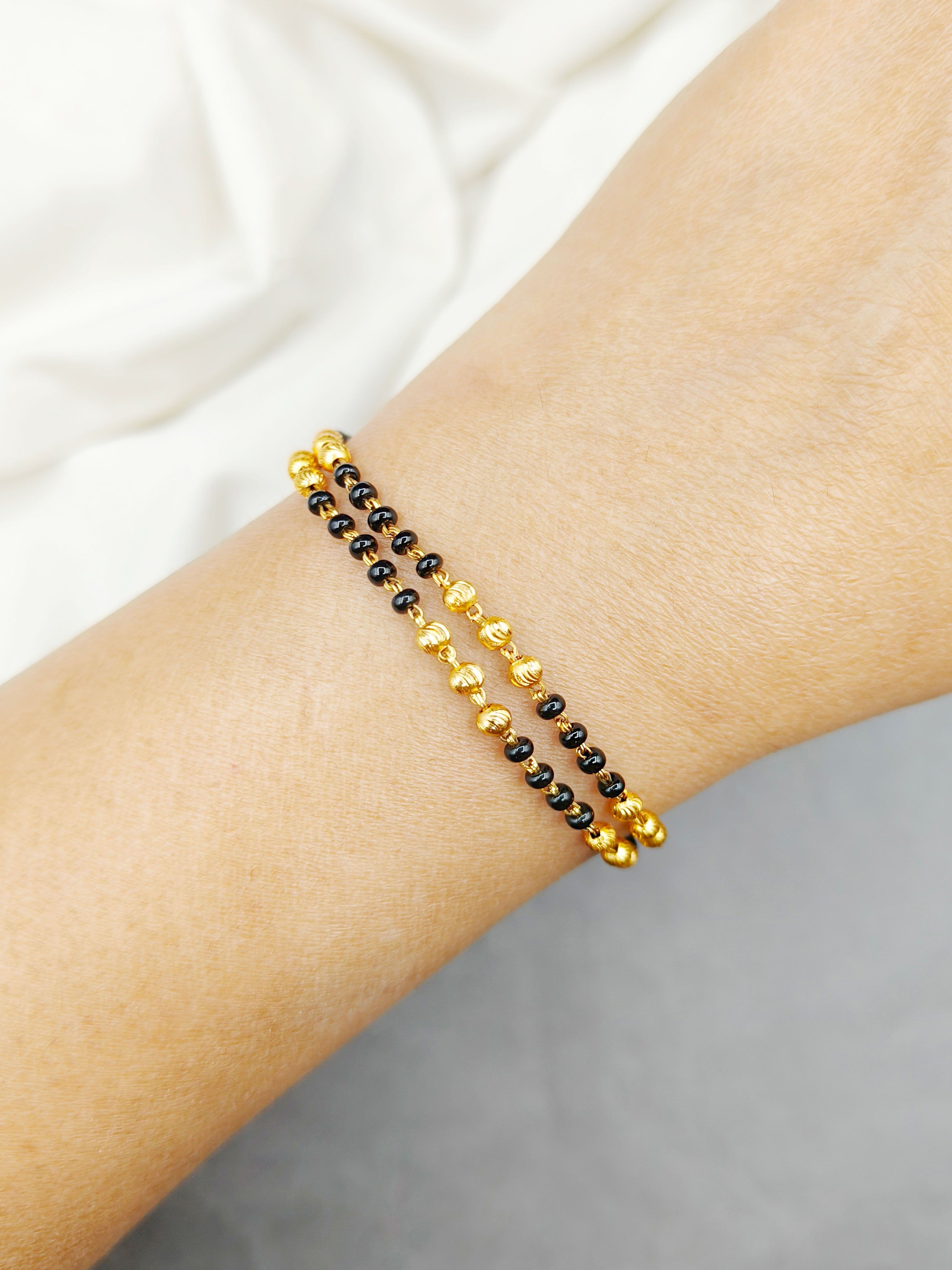 Elegant Double Strand Black Beads Gold Plated Mangalsutra Loose Bracelet