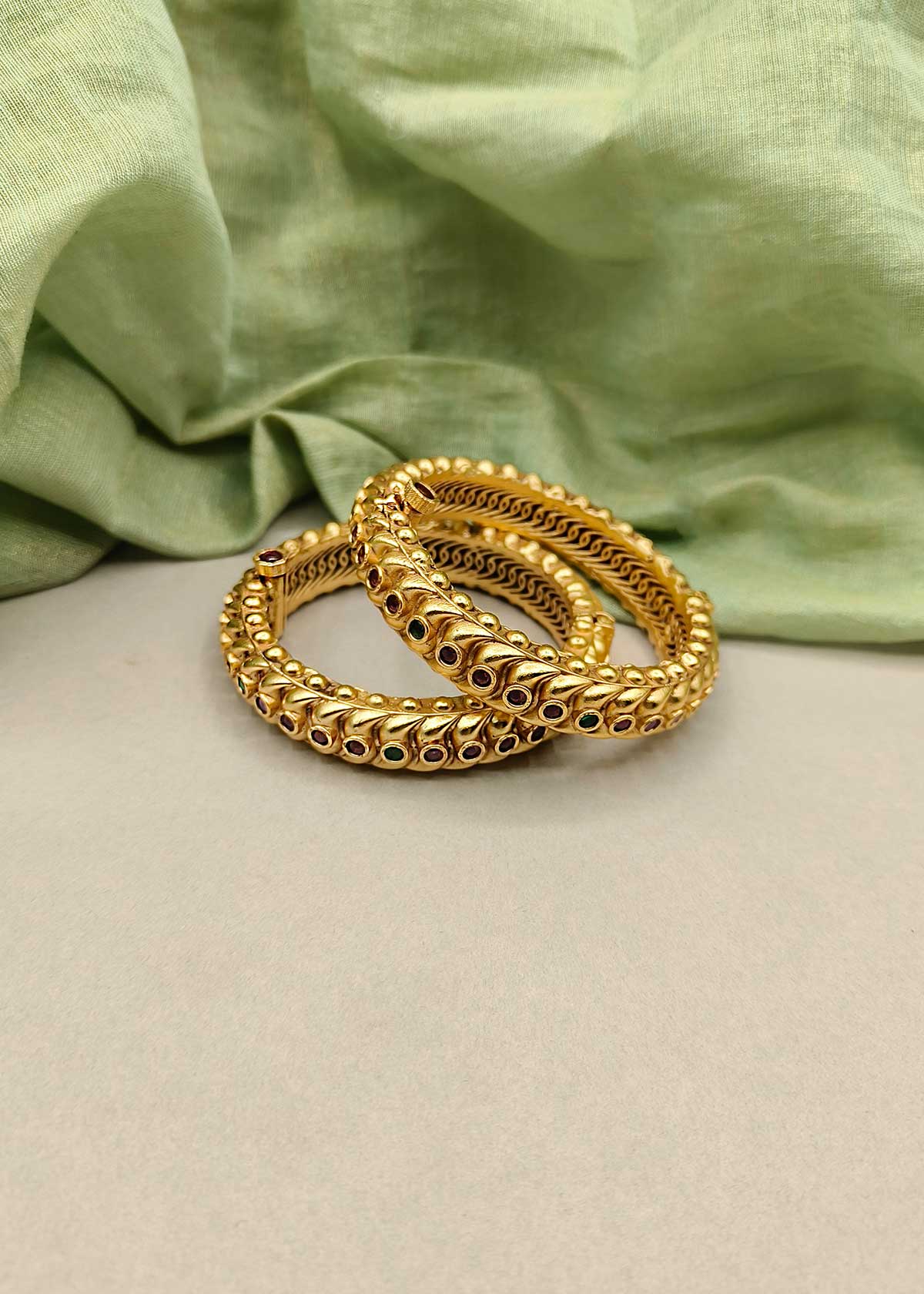 Stone Studded Antique Gold Polished Openable Bangles (Pair)