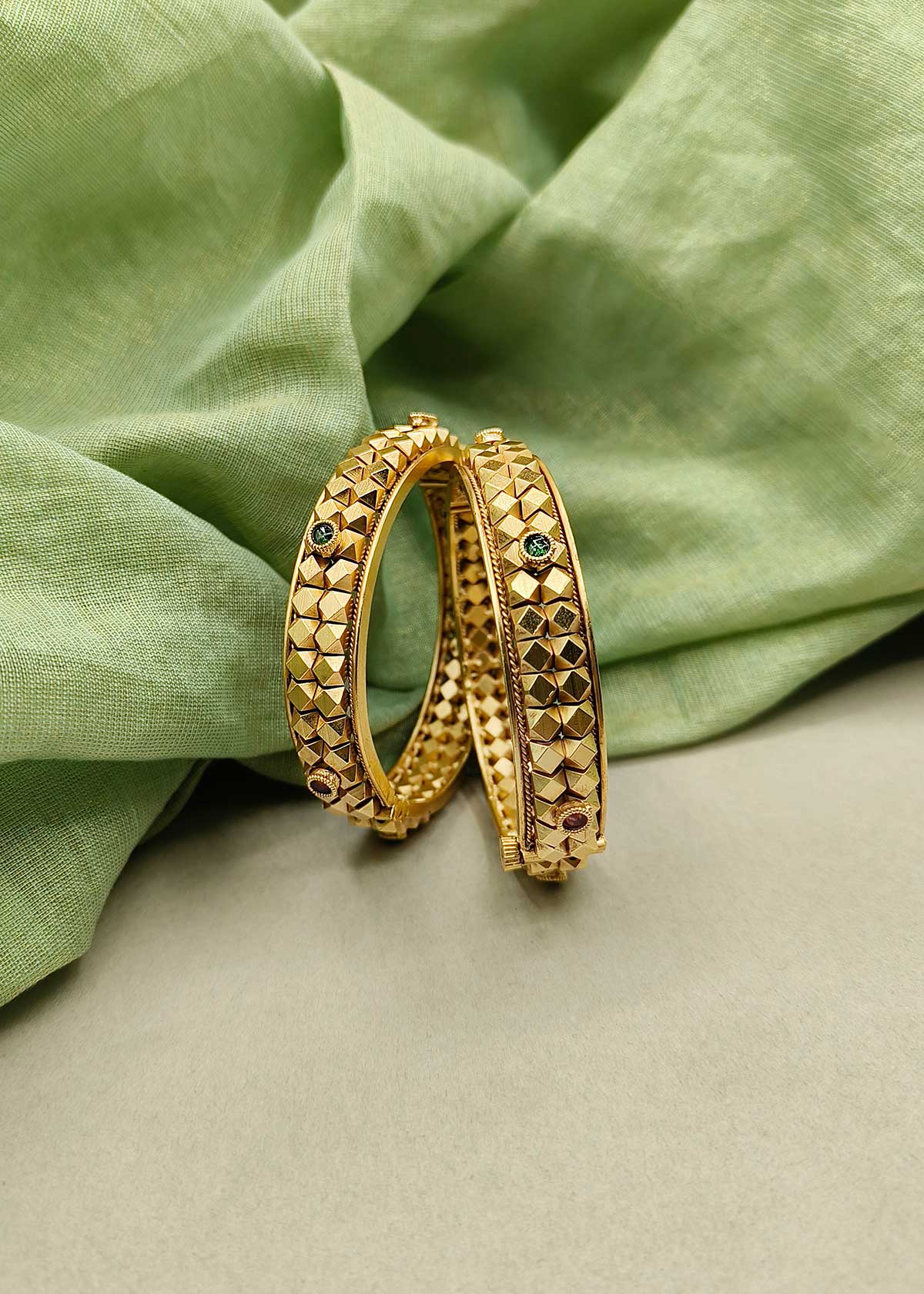 Geometric Patterned Antique Gold Polished Stone Studded Openable Bangles (Pair)