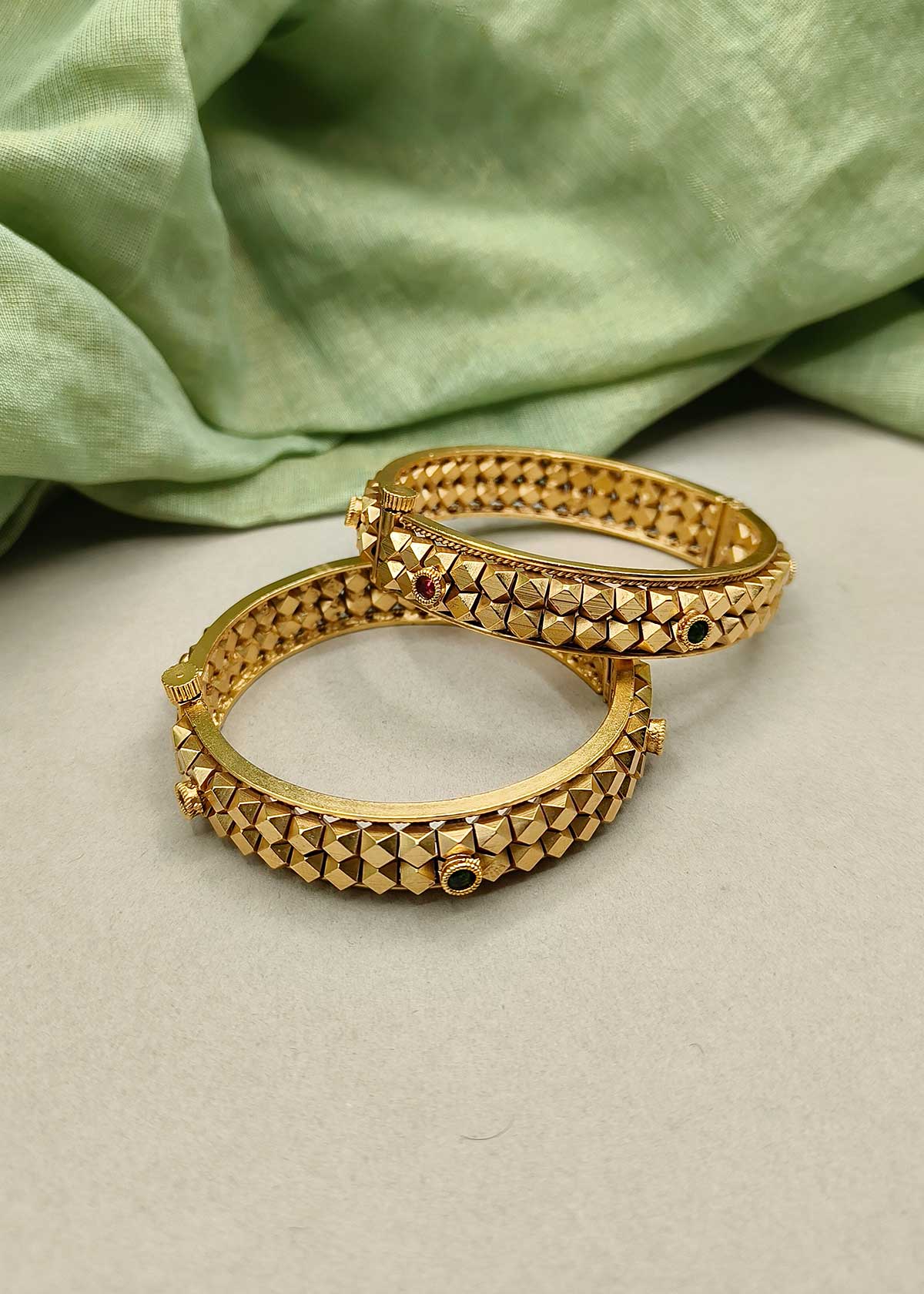 Geometric Patterned Antique Gold Polished Stone Studded Openable Bangles (Pair)
