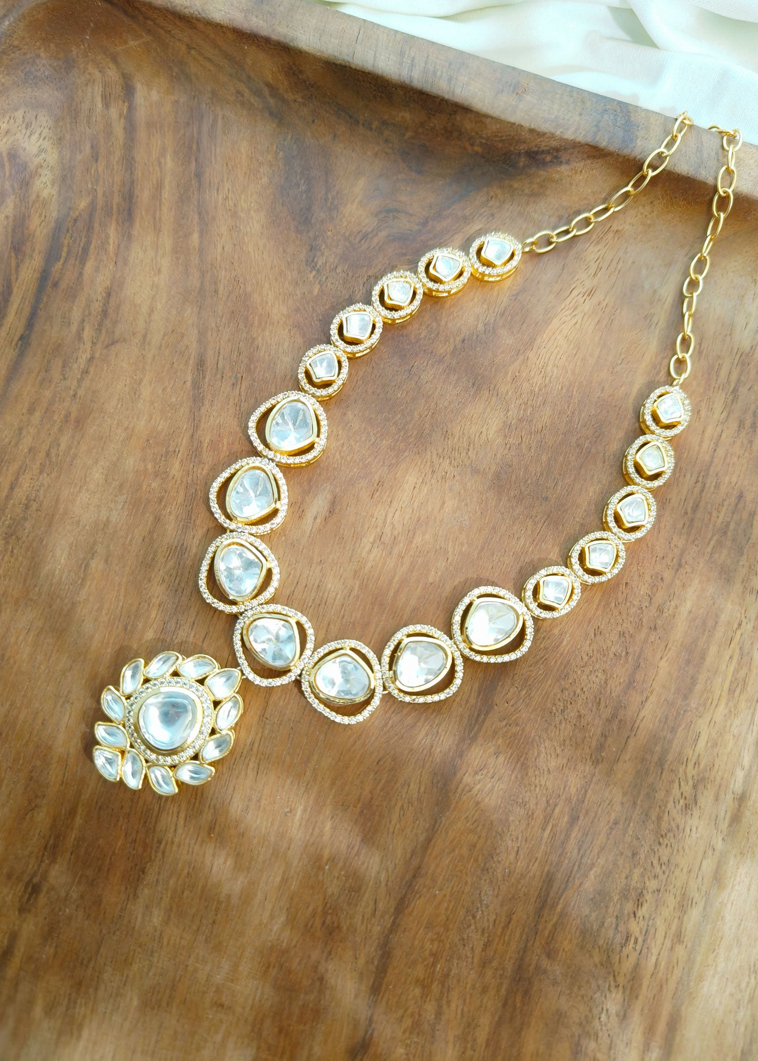 Gold Plated Moissanite Kundan Pendant Style Short Necklace Set