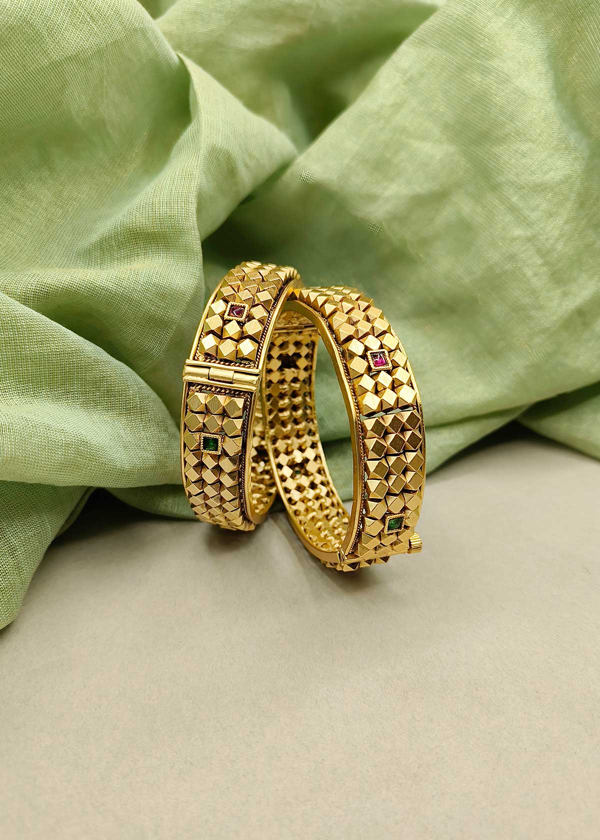 Textured Pattern Antique Gold Plated Square Stone Studded Openable Bangles (Pair)