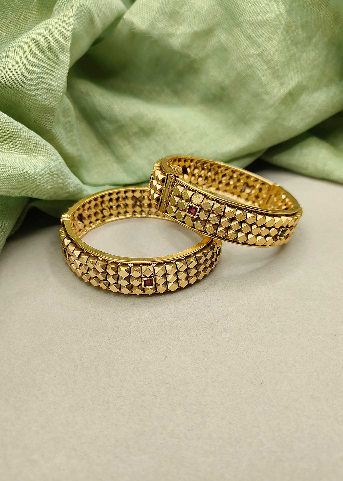 Textured Pattern Antique Gold Plated Square Stone Studded Openable Bangles (Pair)