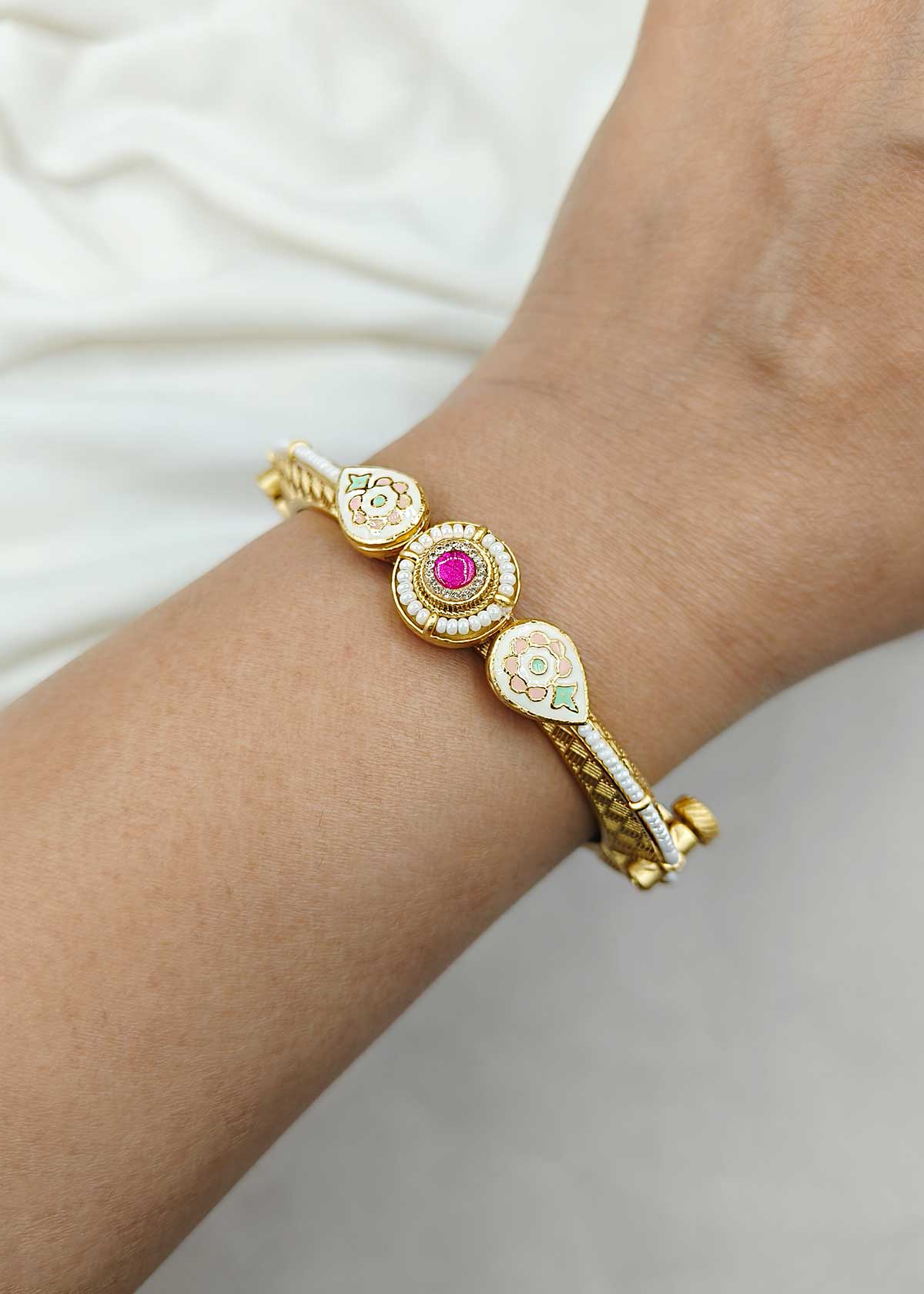 Handcrafted Meenakari Antique Gold Cubic Zircon And Pearl Openable Bangles (Pair)