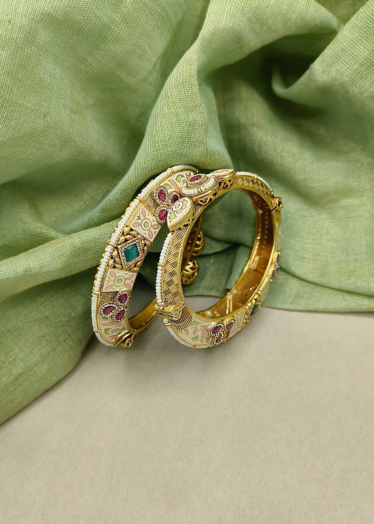 Handcrafted Meenakari Antique Gold Cubic Zircon And Pearl Openable Bangles (Pair)