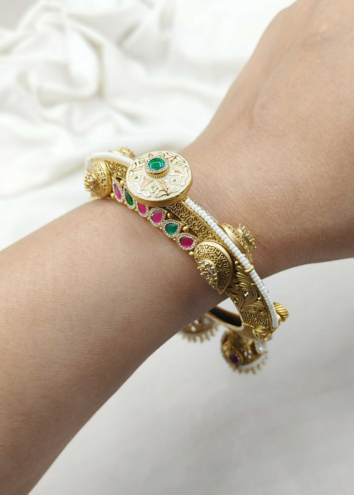Antique Gold Plated Meenakari Cubic Zircon Openable Bangles With Pearl Jhumka Drops (Pair)
