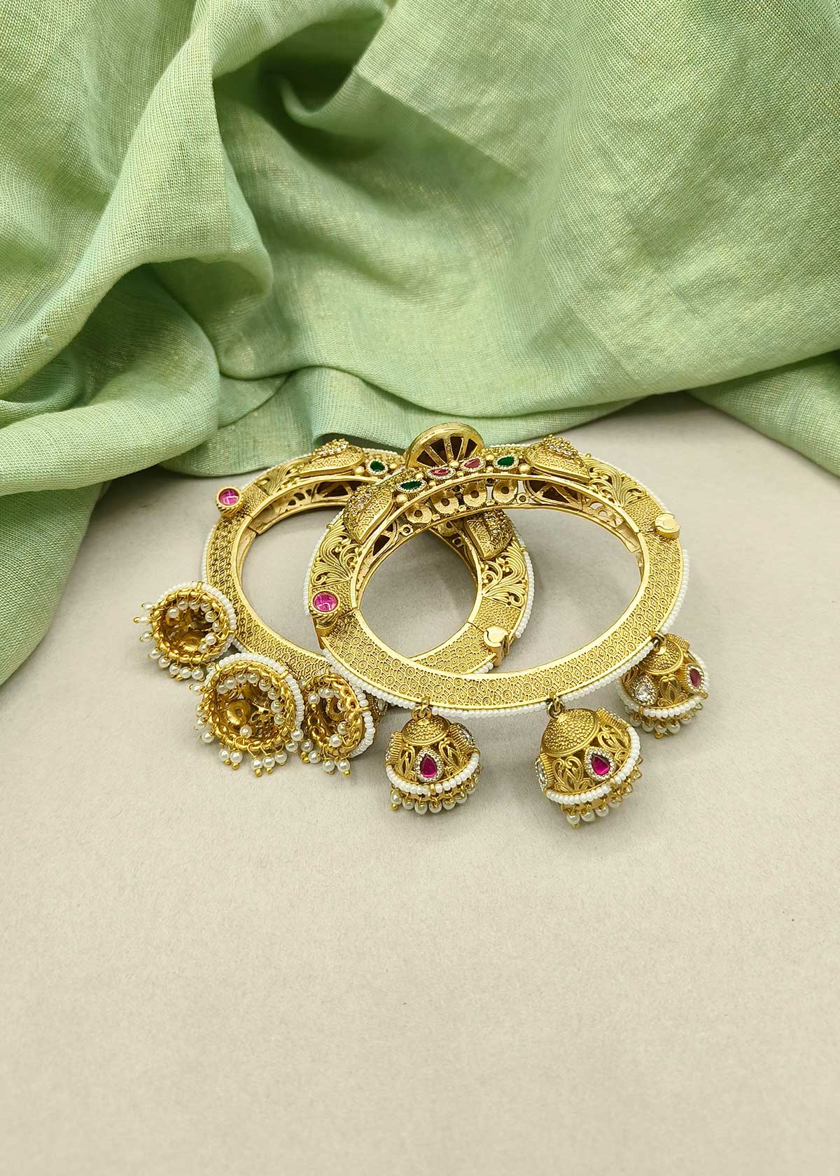 Antique Gold Plated Meenakari Cubic Zircon Openable Bangles With Pearl Jhumka Drops (Pair)