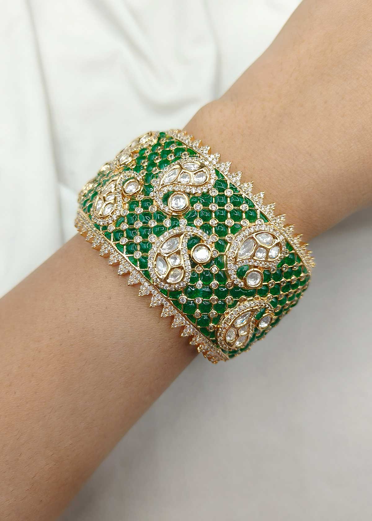 Gold Plated Kundan And Cubic Zircon Broad Adjustable Bracelet With Pearl Strands
