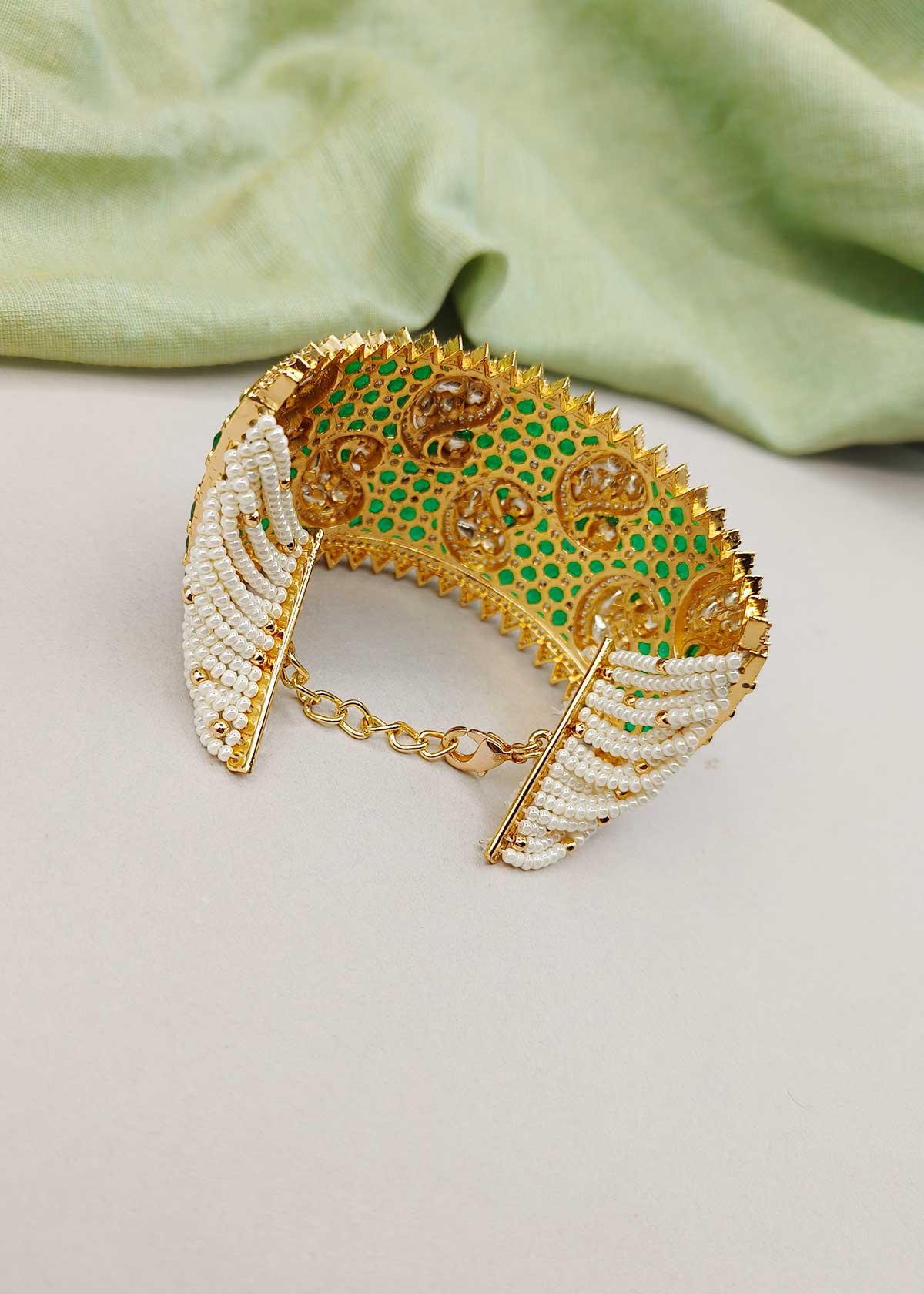 Gold Plated Kundan And Cubic Zircon Broad Adjustable Bracelet With Pearl Strands