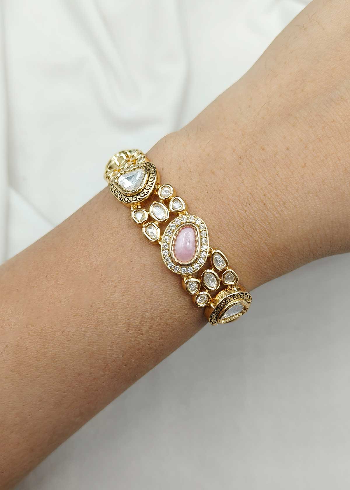Elegant Kundan And Cubic Zircon Gold Plated Adjustable Slider Bracelet