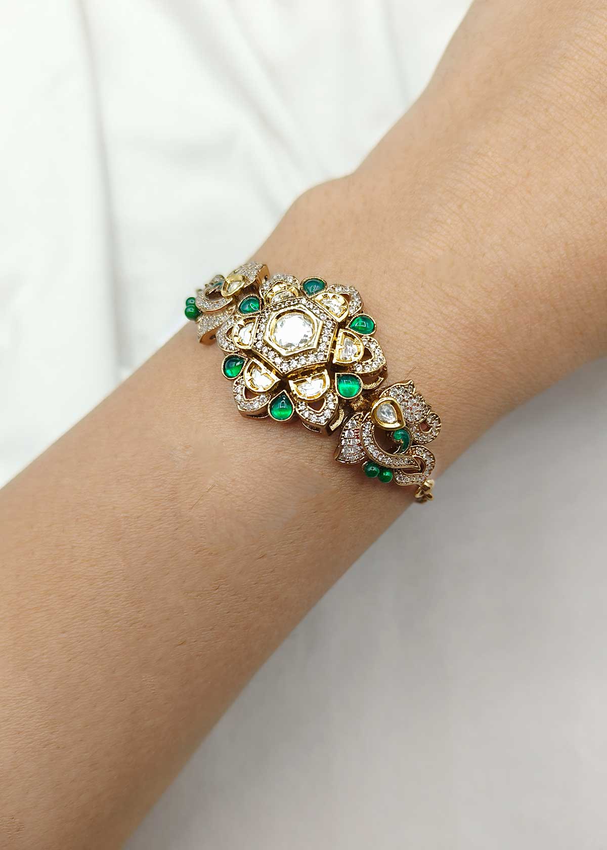 Heritage Antique Gold Polish Floral Kundan And Cubic Zircon Adjustable Slider Bracelet