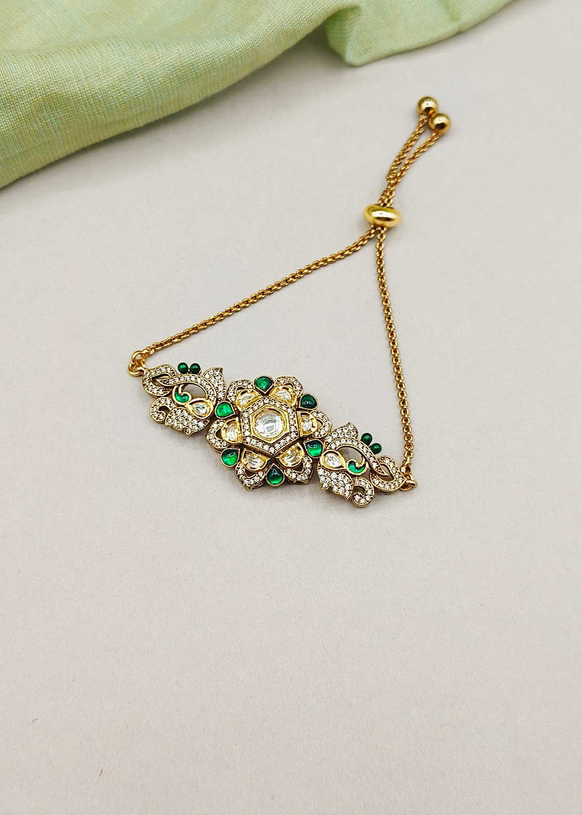 Heritage Antique Gold Polish Floral Kundan And Cubic Zircon Adjustable Slider Bracelet