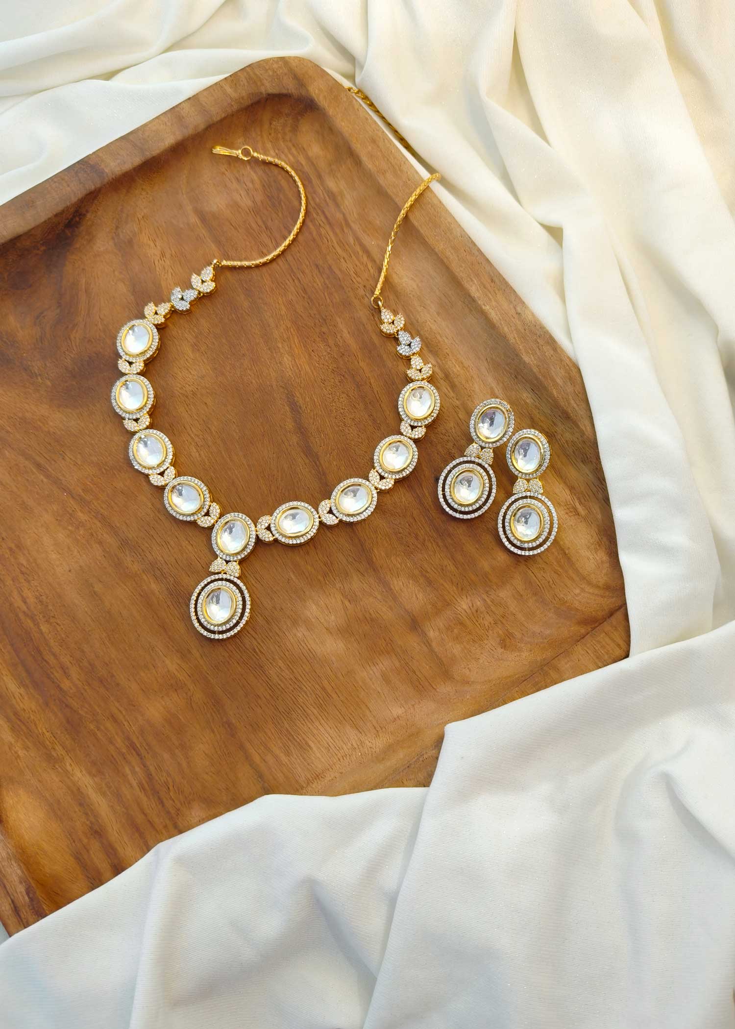 Gold Plated Kundan Polki With Moissanite Necklace Set