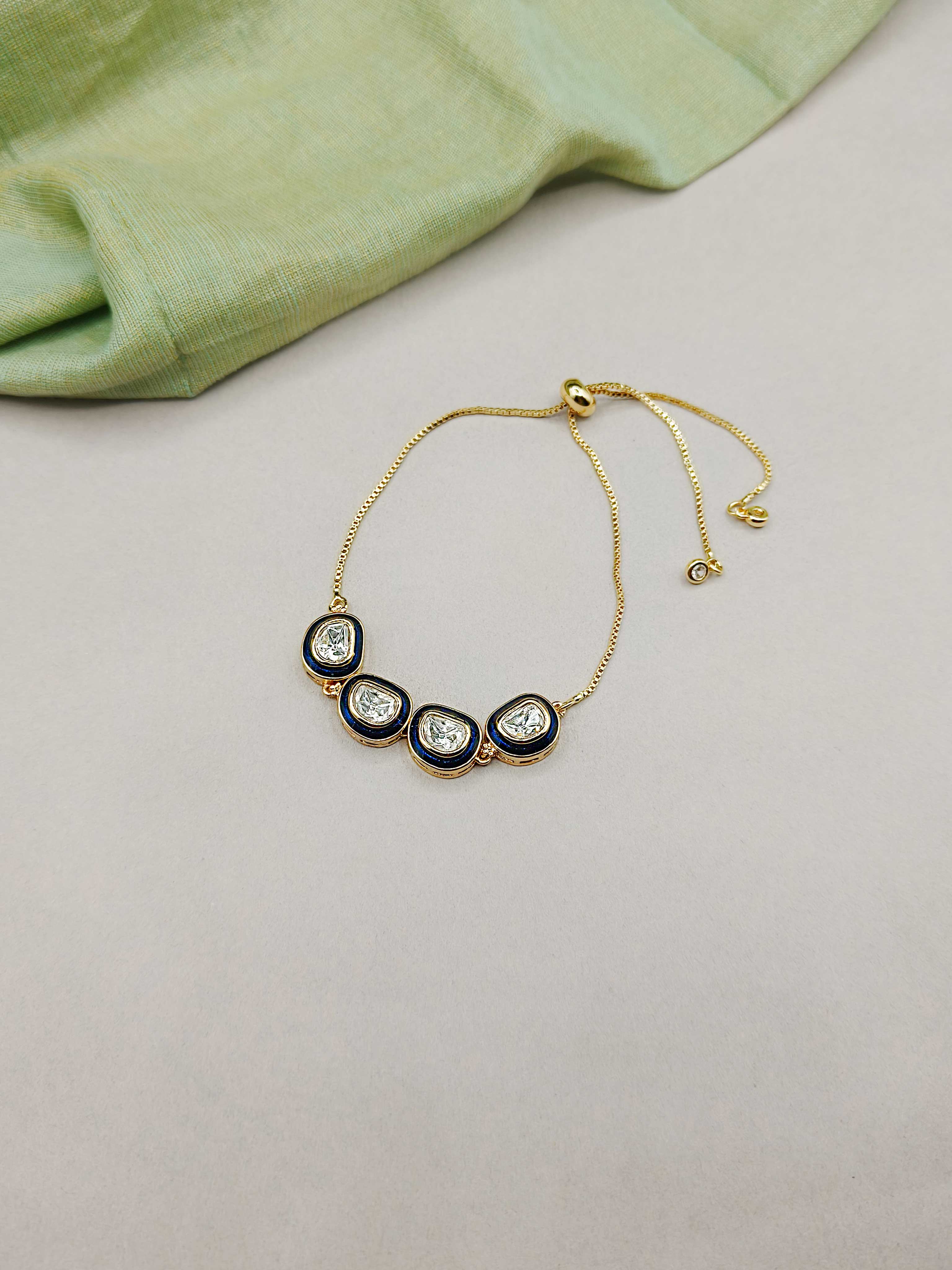 Blue Enamel Four Kundan Adjustable Slider Bracelet