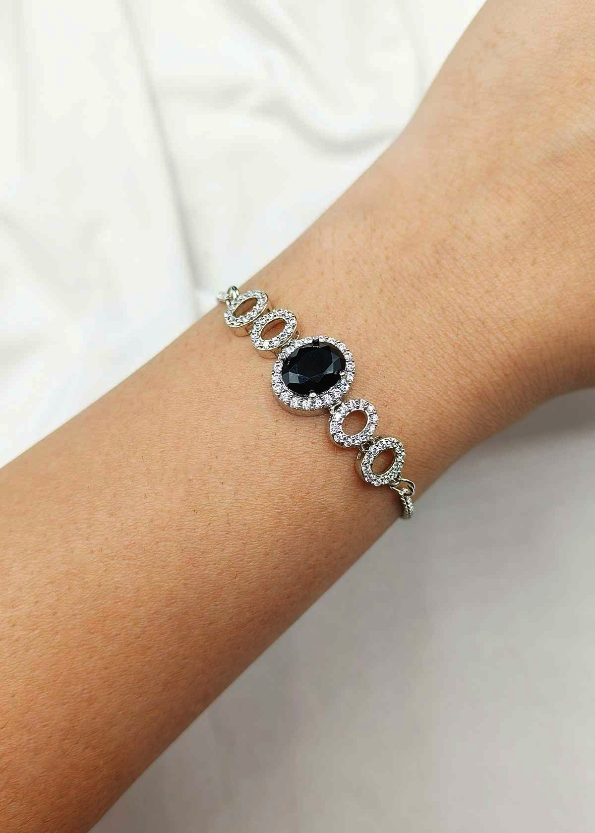 Black Onyx Stone And Cubic Zircon Silver Plated Adjustable Slider Loose Bracelet